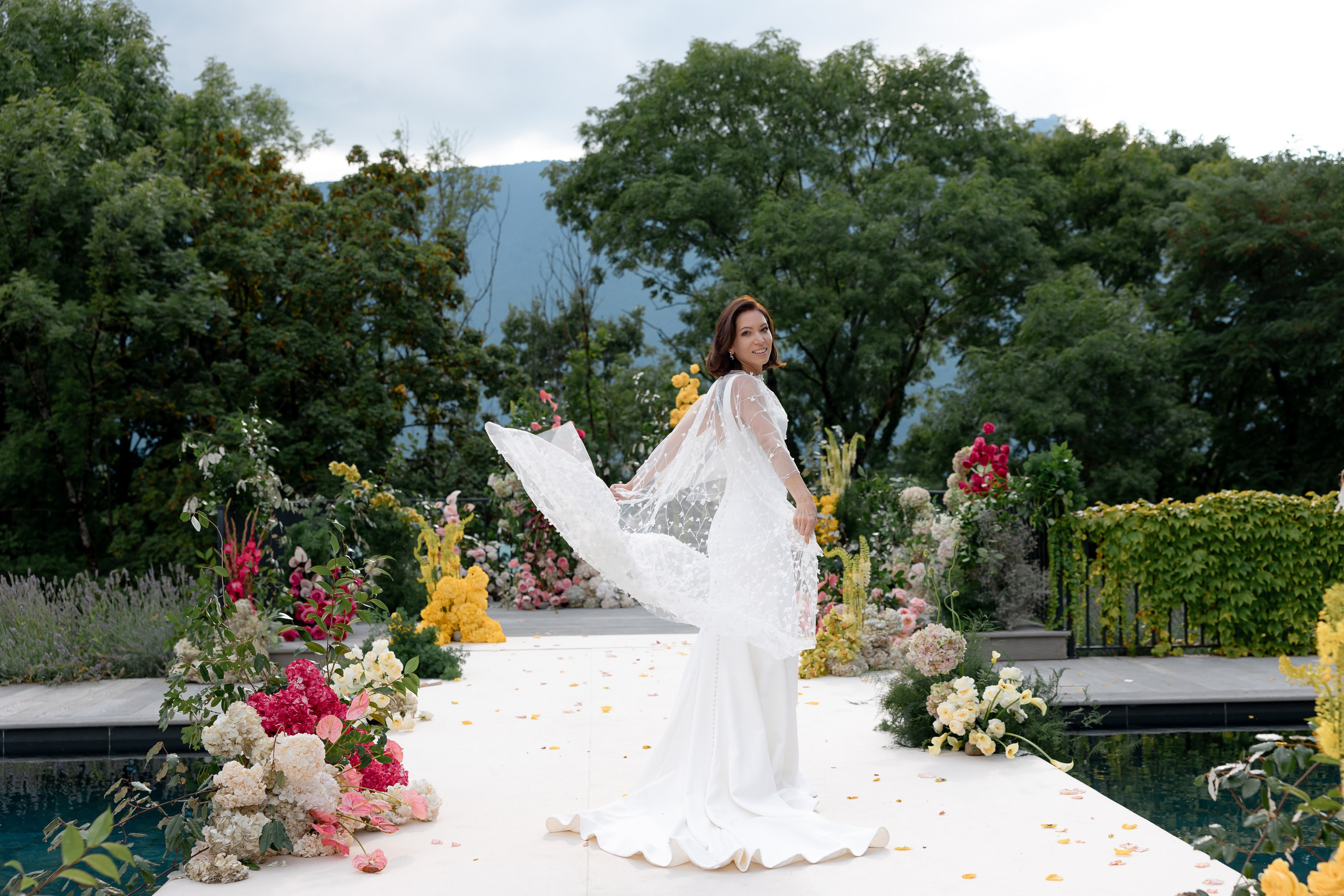 Fashion-inspired bridal portrait in elegant wedding dress during luxury wedding