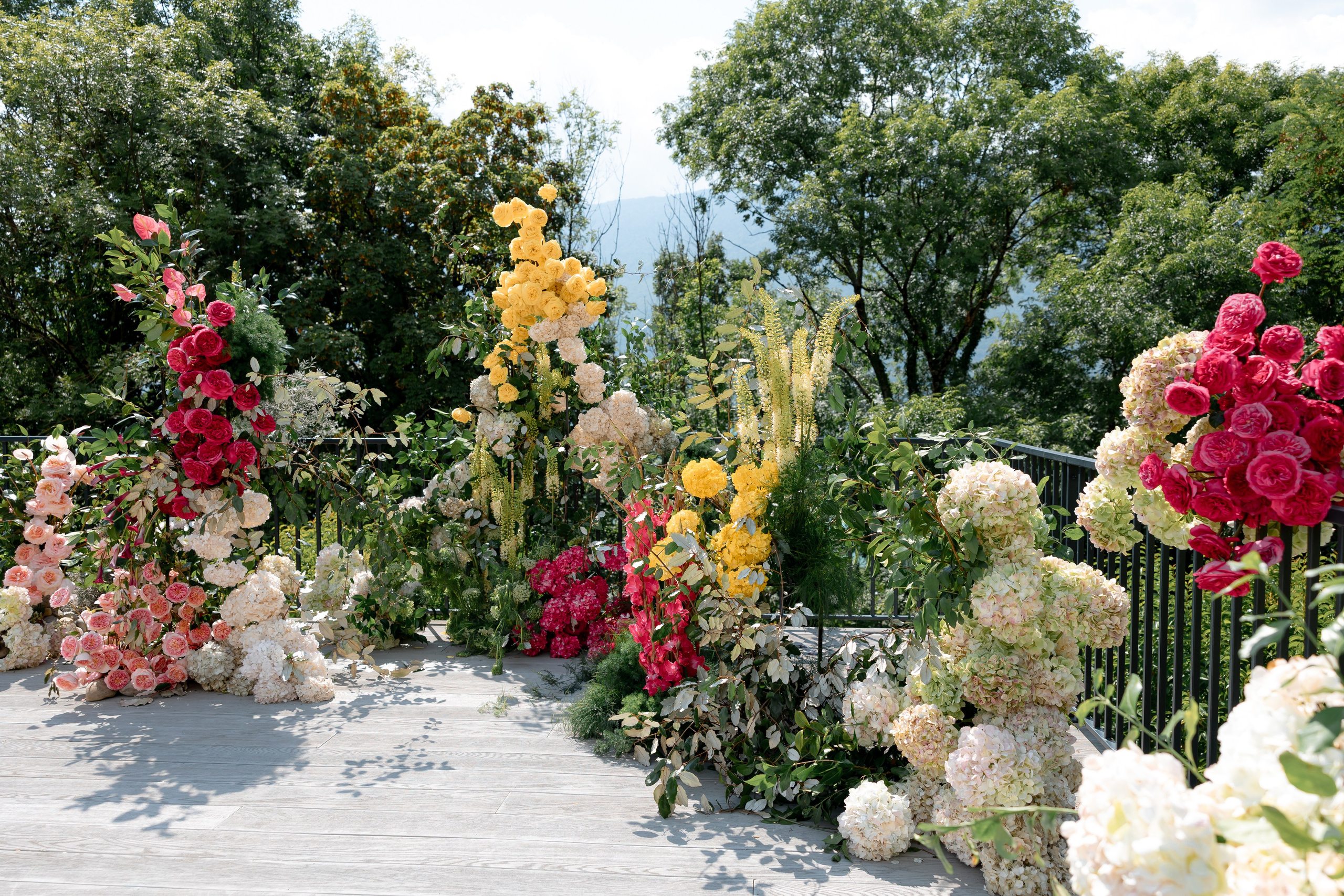 Luxury outdoor wedding ceremony design with floral decor in European venue