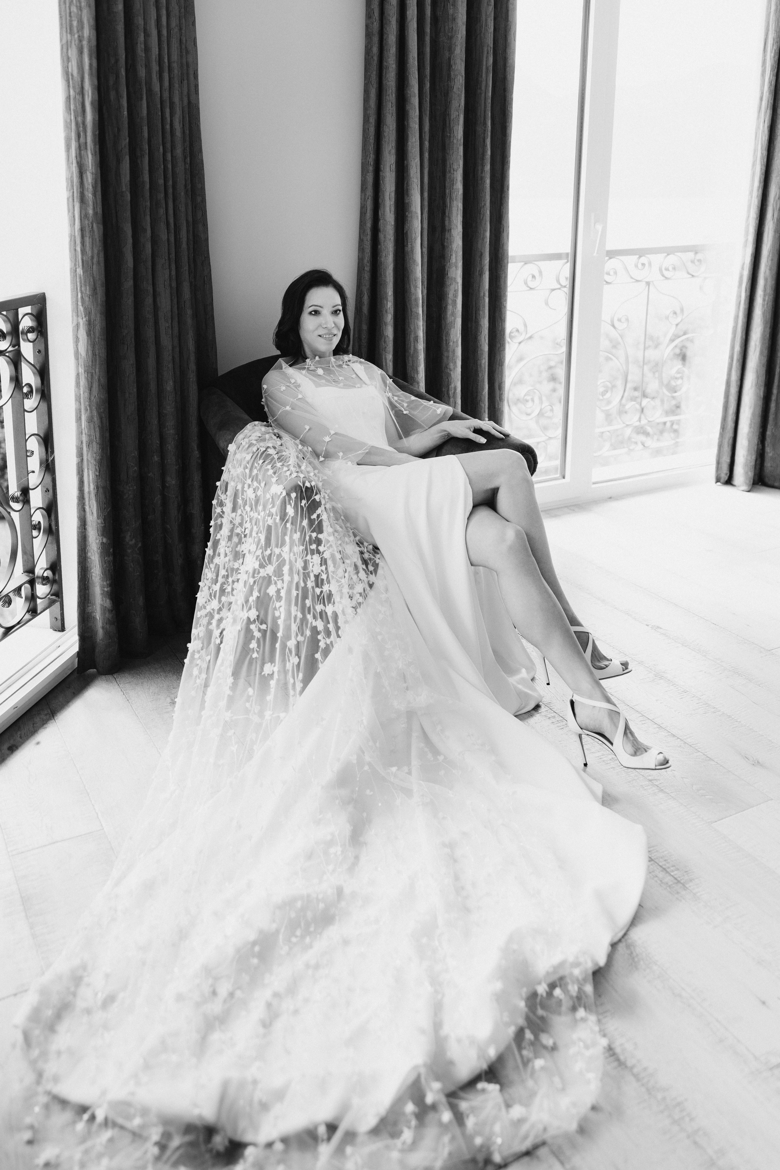 Fashion-inspired bridal portrait in elegant wedding dress during luxury wedding