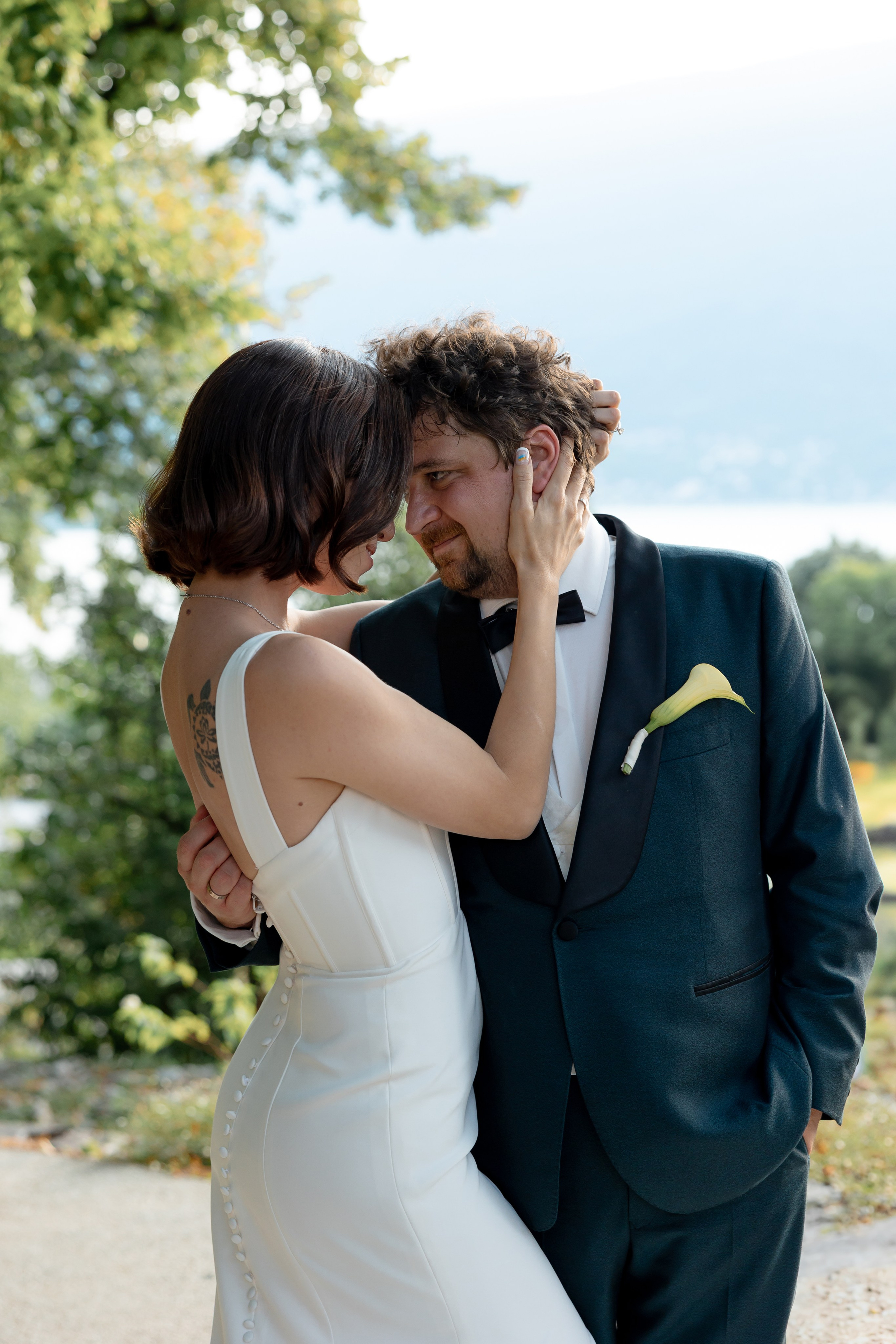 Editorial wedding portrait of bride and groom by pool at destination wedding  Italy Como Rome 