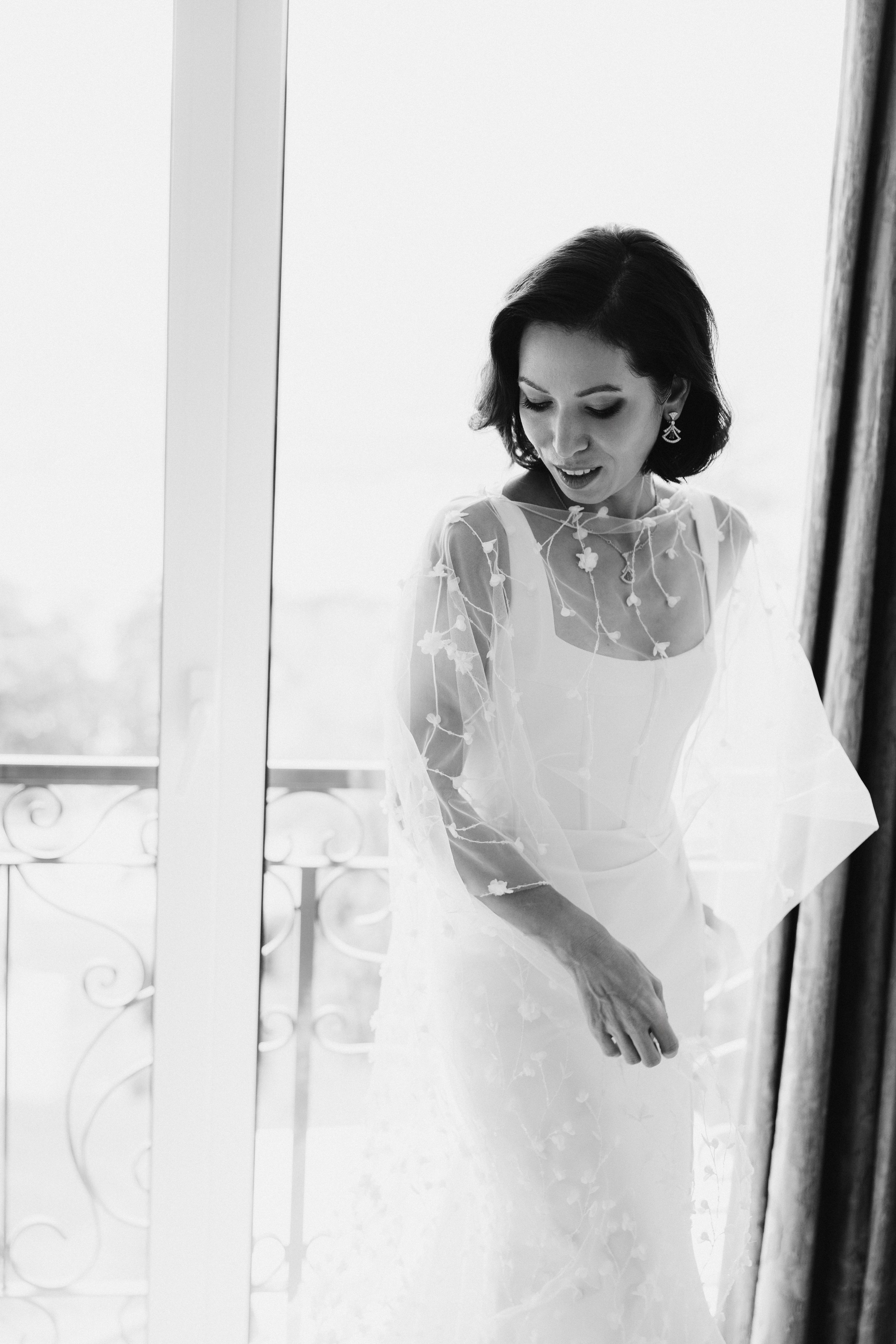 Fashion-inspired bridal portrait in elegant wedding dress during luxury wedding