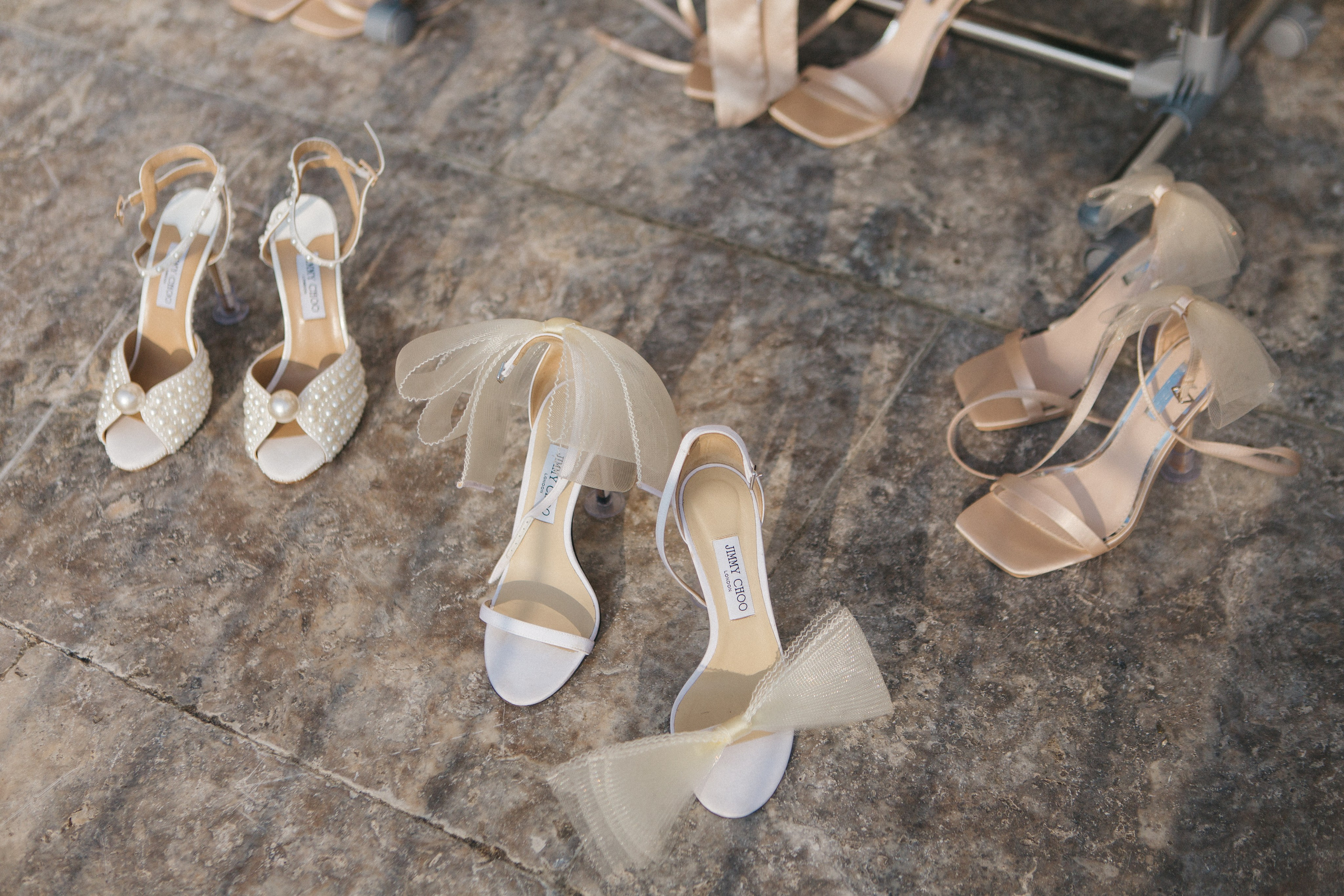 Elegant Jimmy Choo wedding shoes displayed for the bride during a luxury wedding in Como