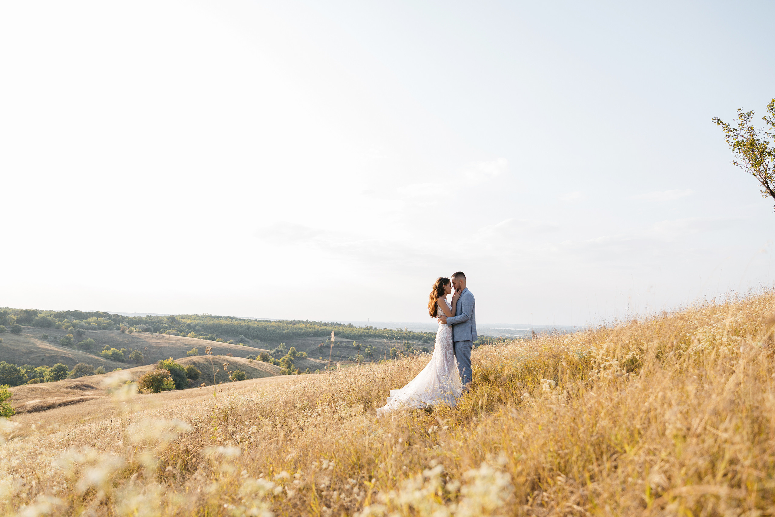 жених обнимает невесту в поле Кременчуг