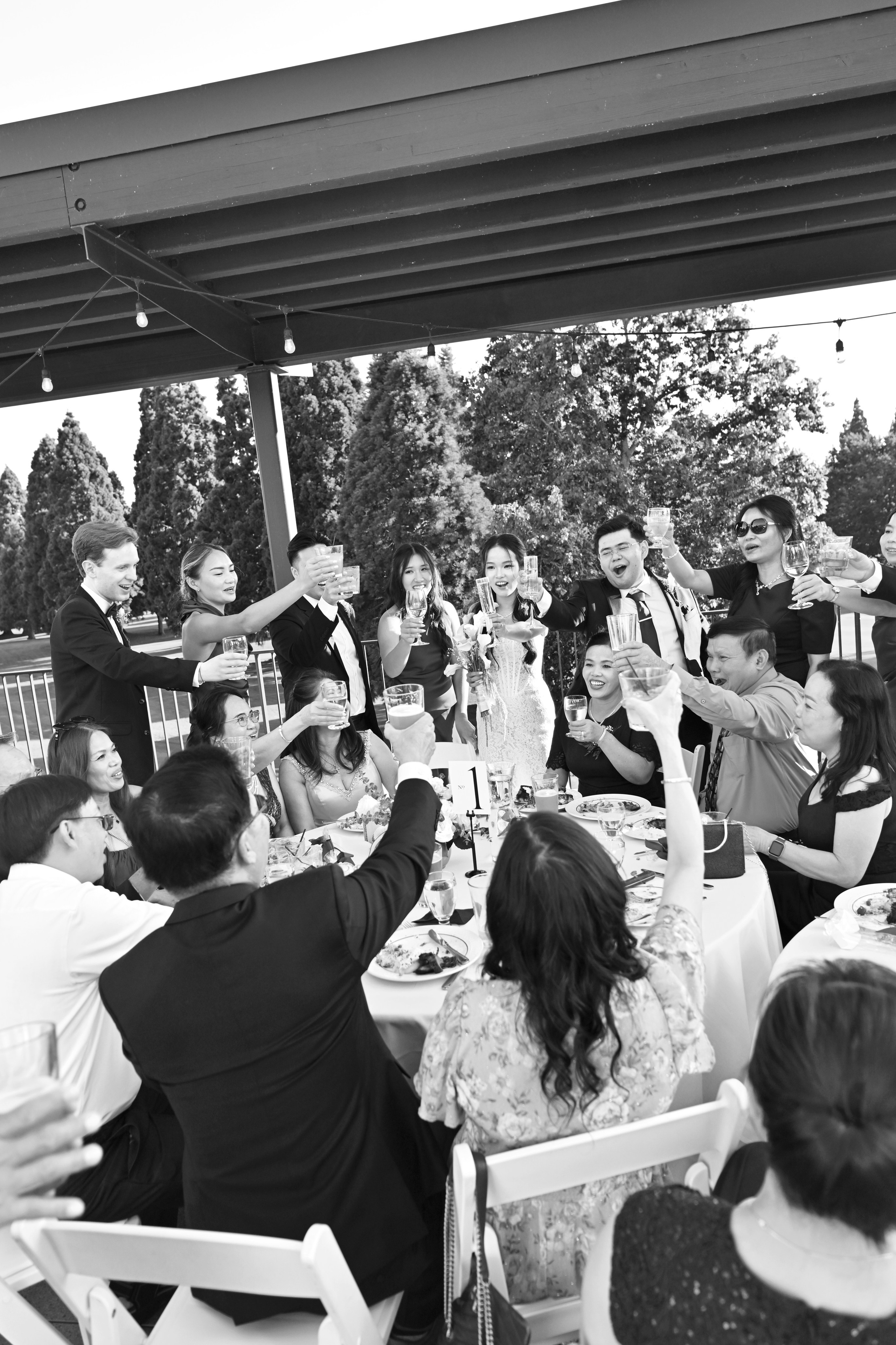 Wedding guests raising their glasses during the reception