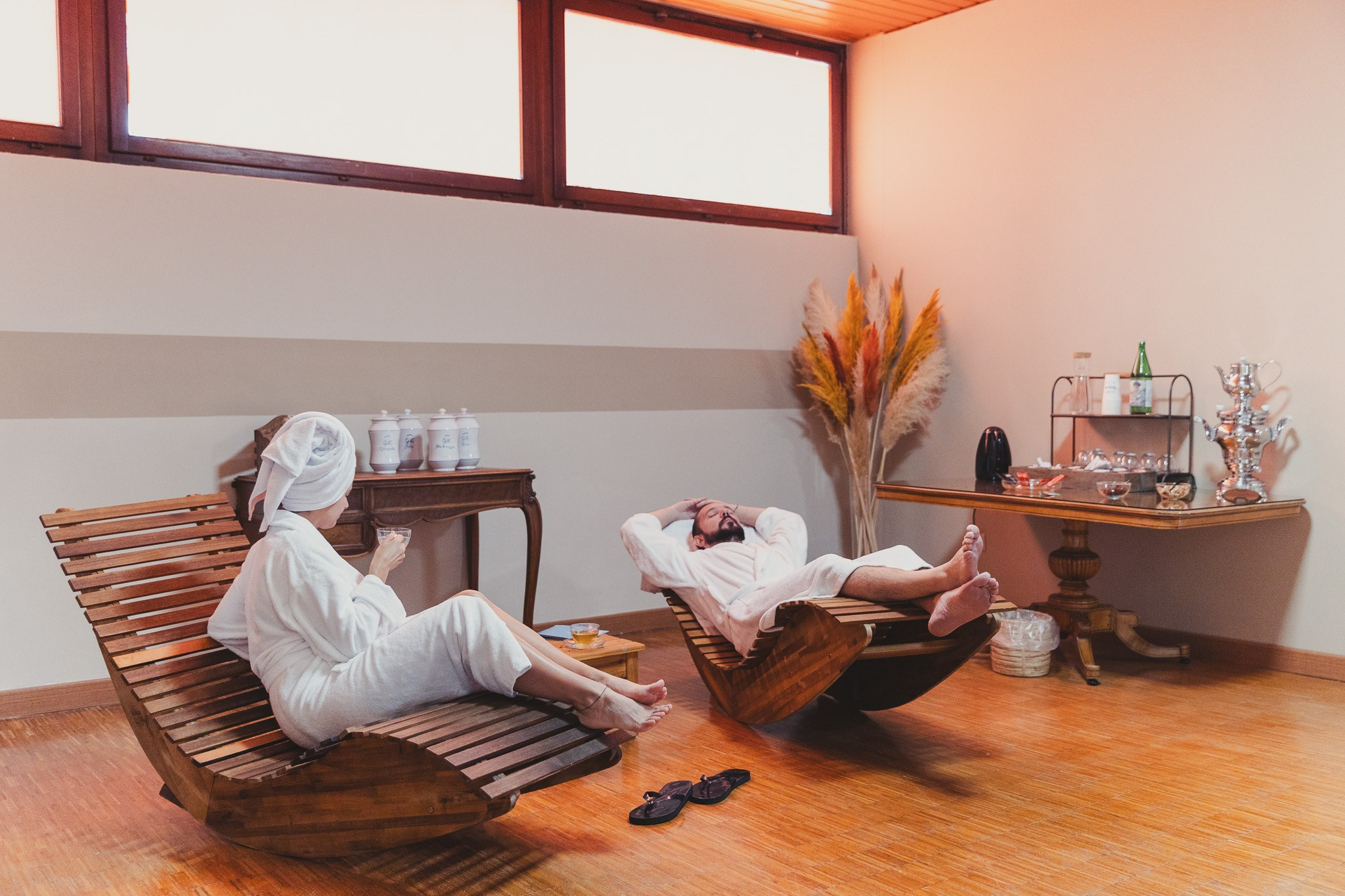Cinematic luxury photography of a couple in a spa at Grand Hotel Telese, capturing an intimate and sophisticated ambiance.