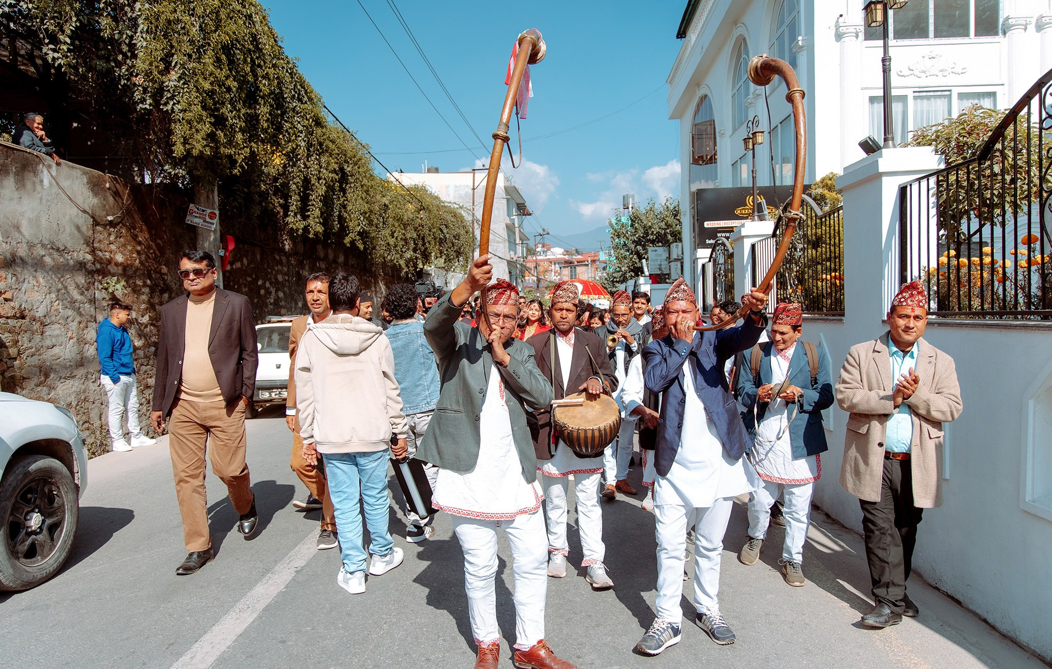 Traditional Panche Baja welcoming the janti in wedding in Kathmandu Nepal.  