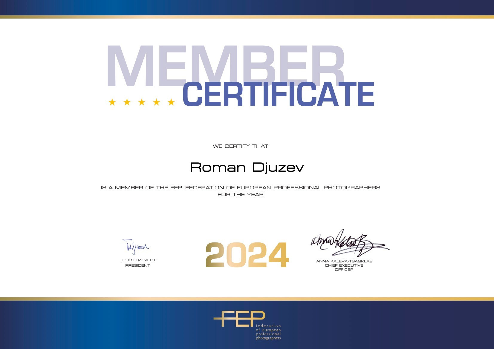 Photographer Roman Djuzev - FEP Member Certificate 2024 Roman Djuzev.