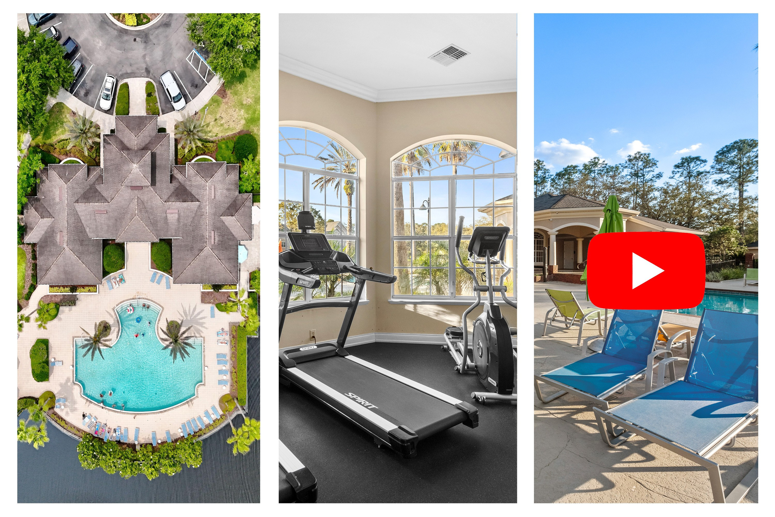 Real estate amenities — pool, gym, and outdoor video