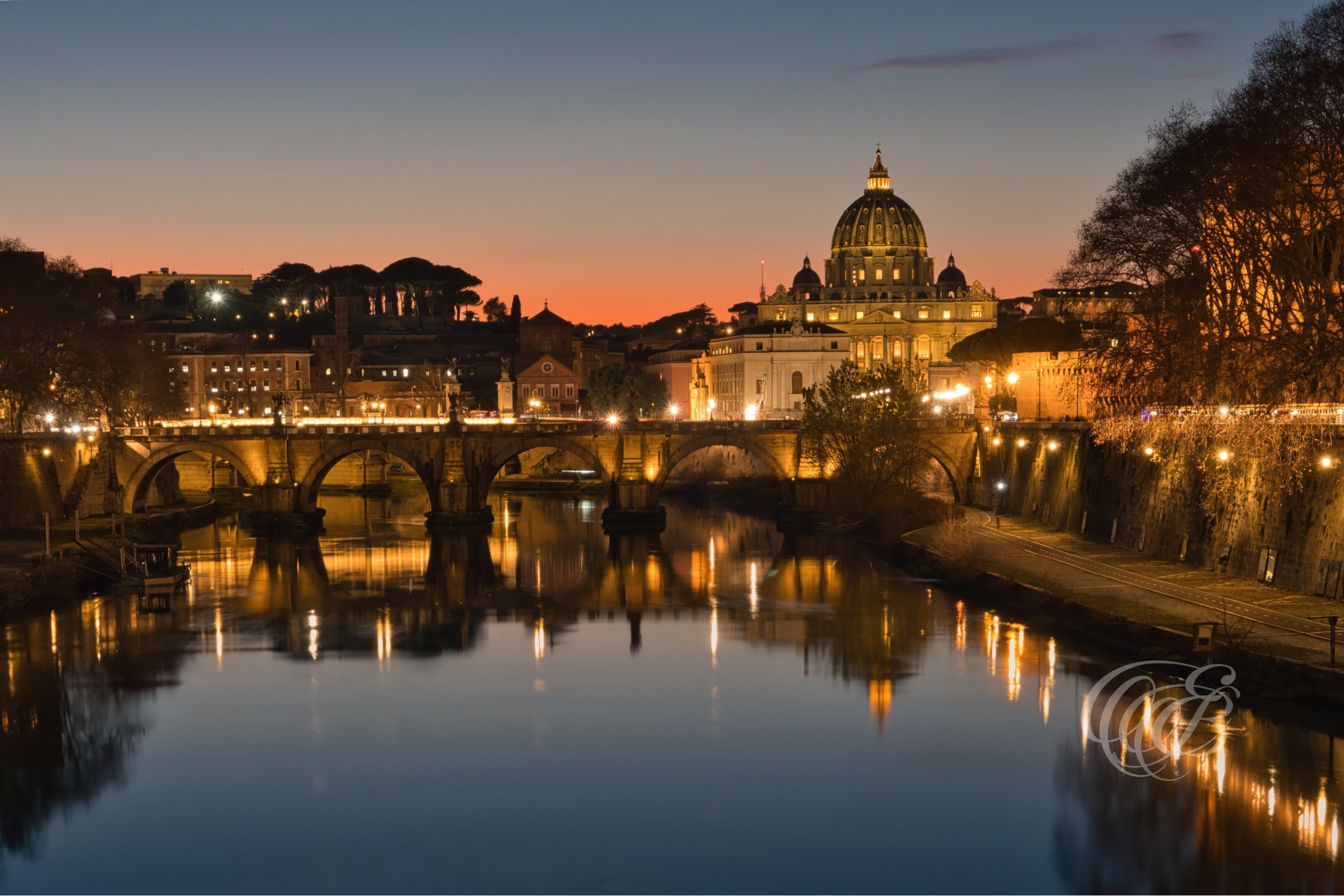 Rome Italy - Sunset at The Ponte Sant'Angelo & St. Peter's Basilica - Eduardo Bartoli Fine Art Photography - Fine art photograph of the sunset over Ponte Sant’Angelo and St. Peter’s Basilica in Rome, Italy – photography by Eduardo Bartoli.
