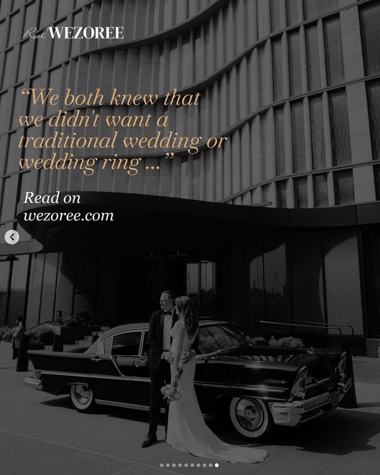 a bride and groom standing in front of a car