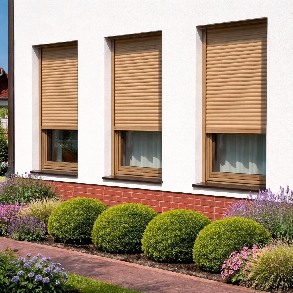 Три окна частного дома закрыты полуопущенными роллетами коричневого цвета.