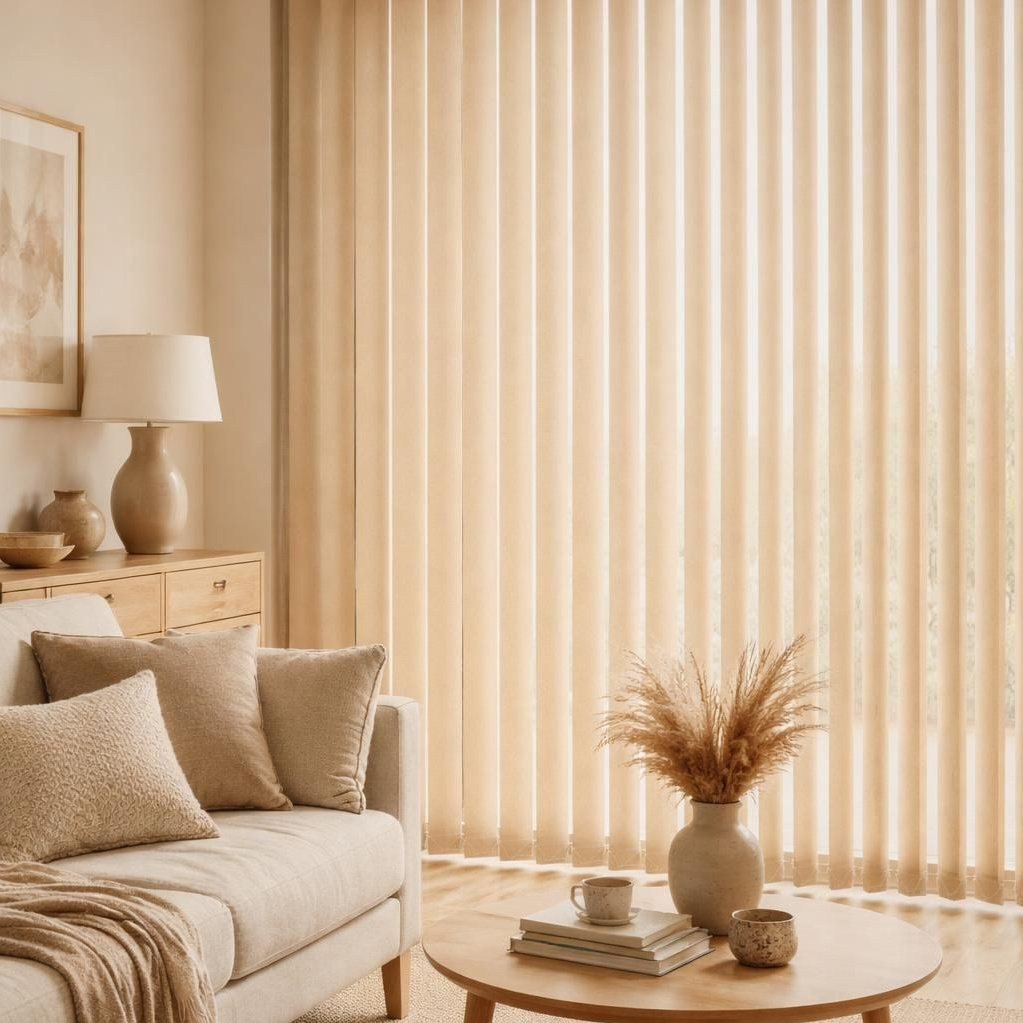 Вертикальные жалюзи светлого бежевого оттенка установленные в проем окна до подоконника.