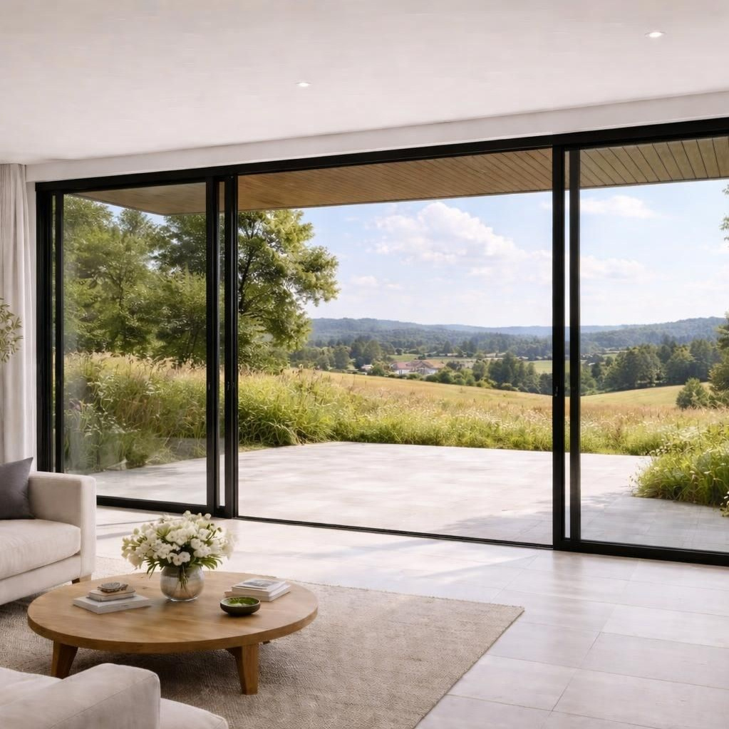 Комната частного дома с использованием подъемно-раздвижной системы открывает красивый вид на террасу и зеленый сад.