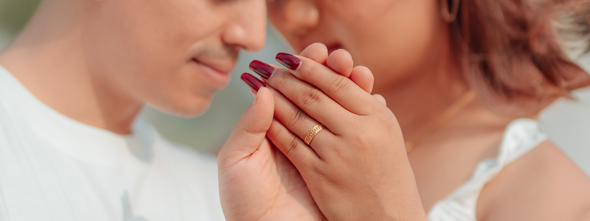 Close-up pre-wedding ring shot of bride and groom in Nepal