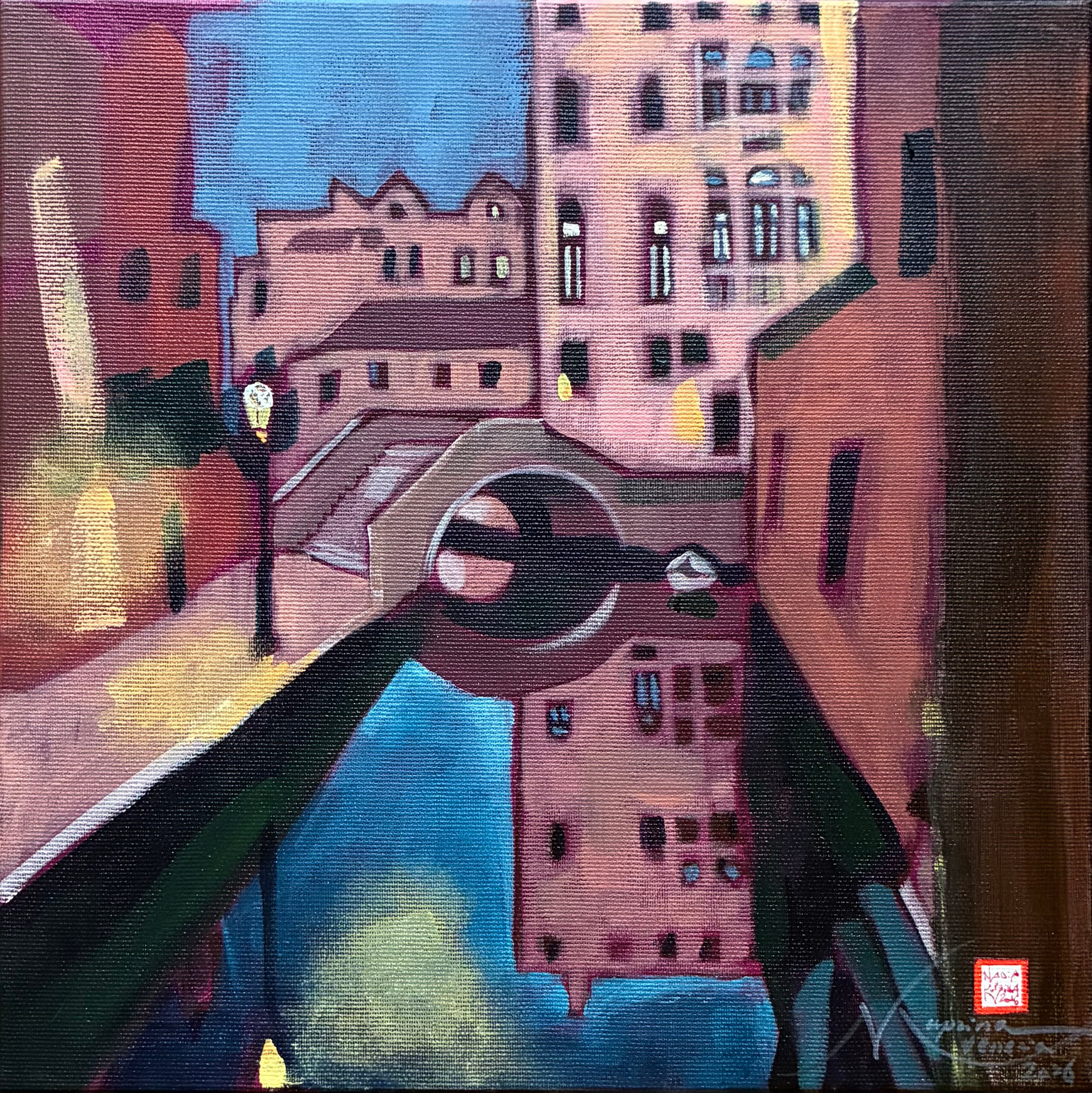 Venice. Acrylic on canvas, 30x30 cm: twilight in Campo San Boldo. Evening, the lights are on, the still canal reflects a Venetian palace. Warm, antique pink tones. Time seems to stand still, as does one’s breath. The reflection of Venice seems to reveal its true identity. Painting by Nadia Kuprina