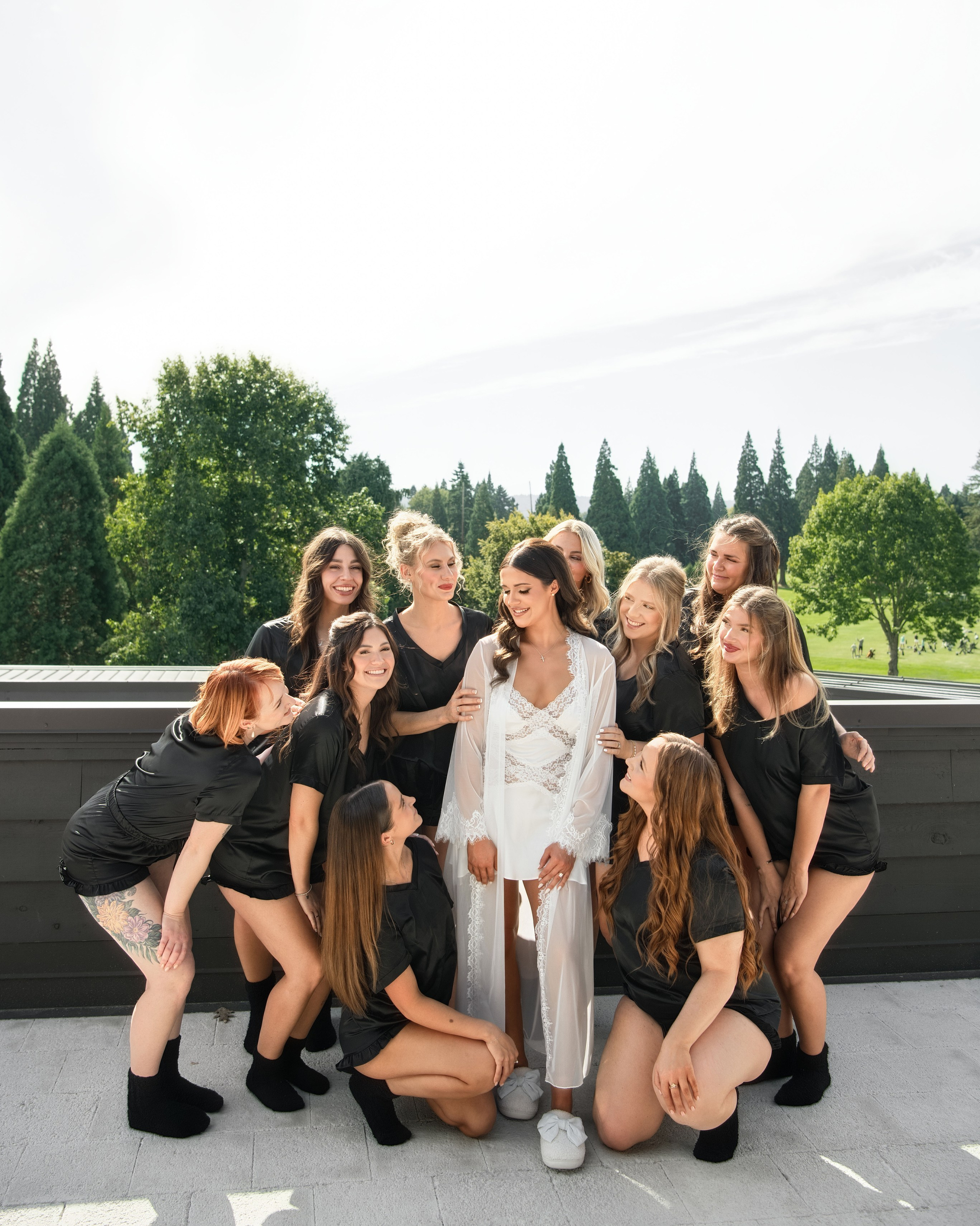 Bride celebrating with her bridesmaids before the ceremony