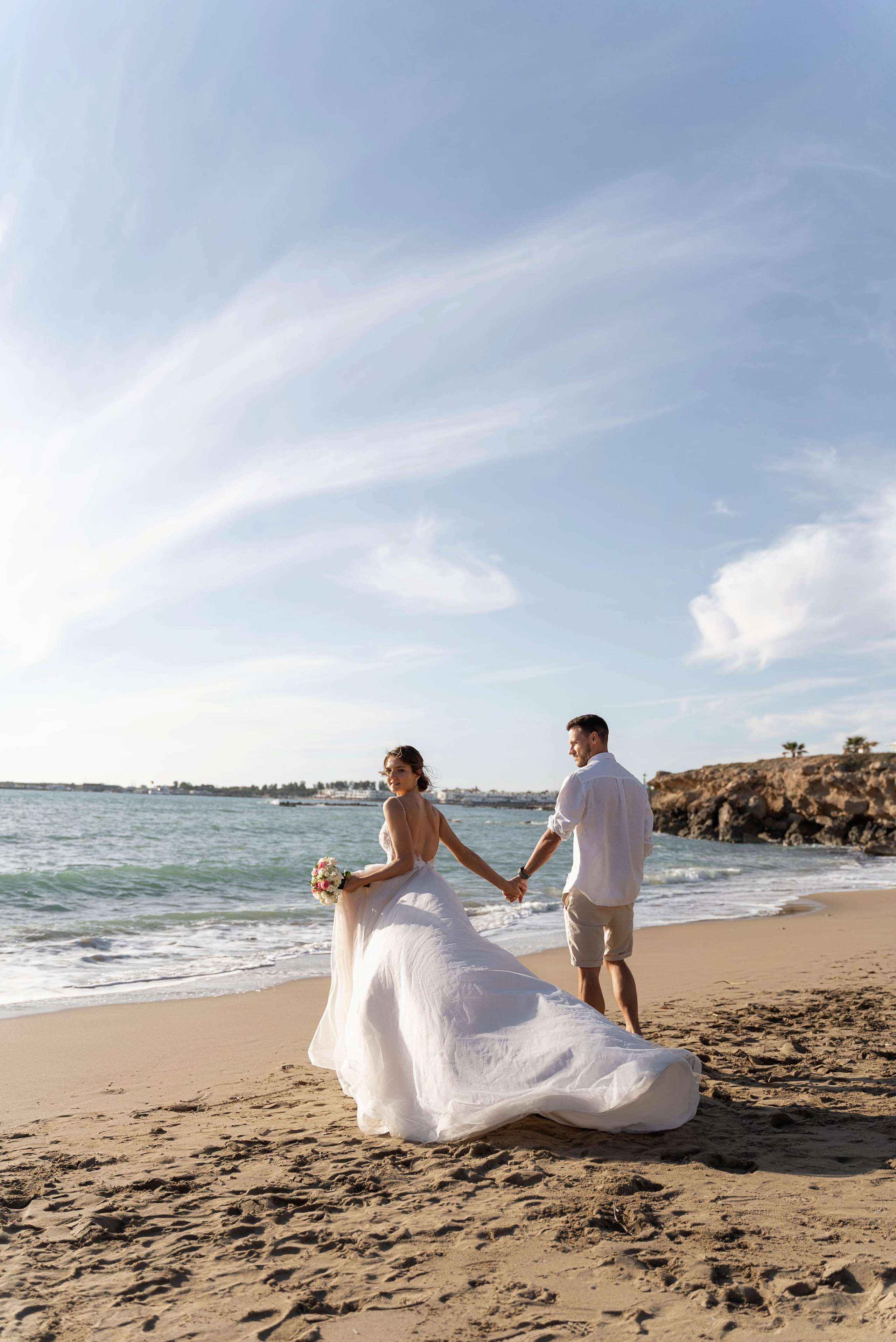 Bride and groom during sunset wedding photoshoot in Cyprus