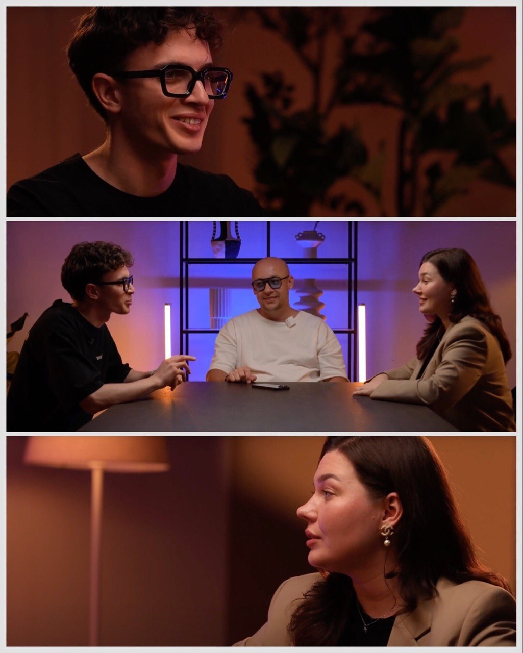 Collage of three frames from a podcast recording featuring three participants in a modern studio setting