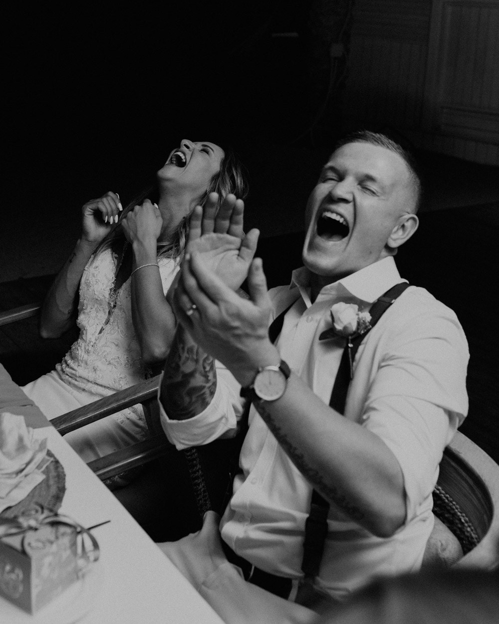 Candid moment during wedding dinner