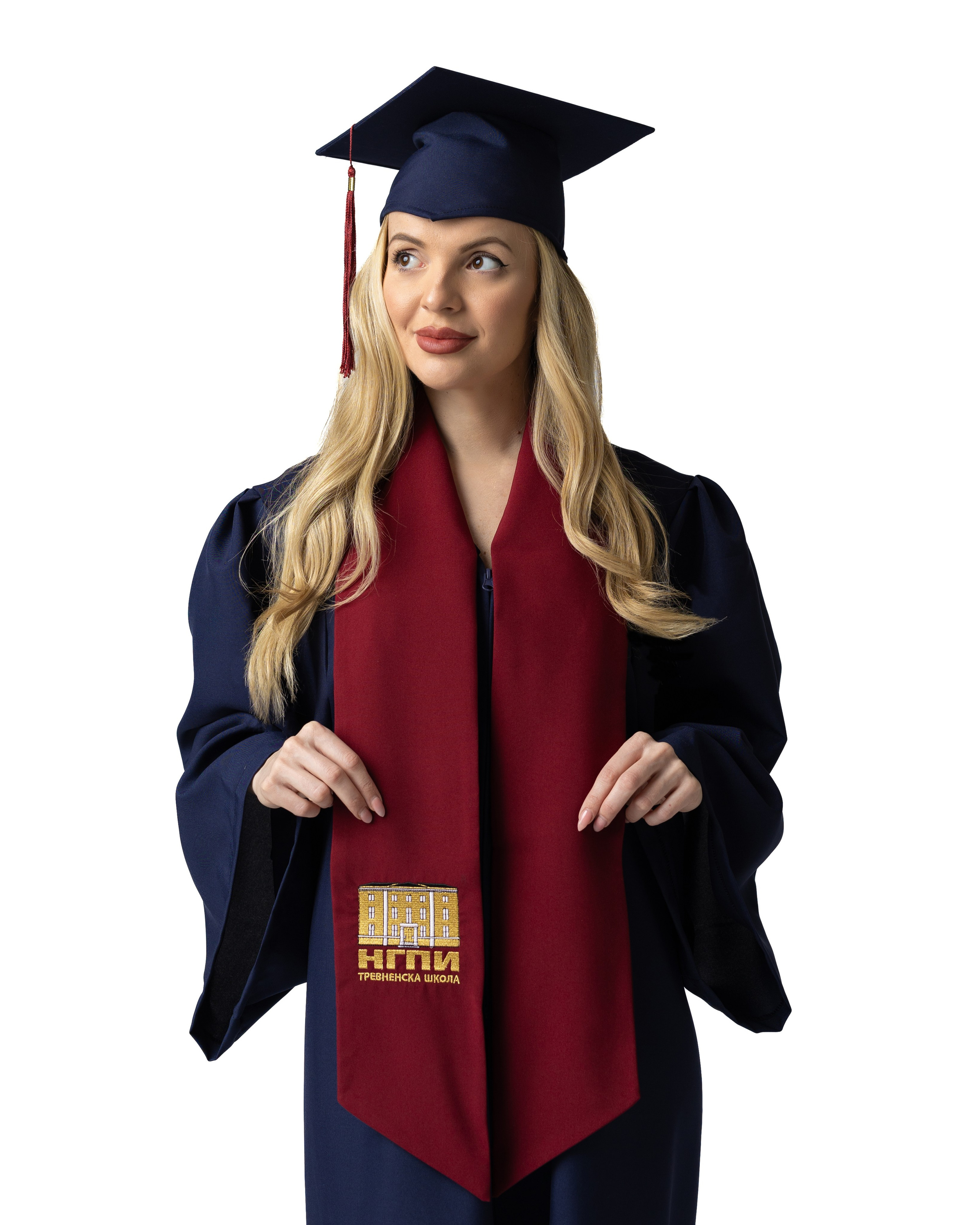 Академична абсолвентска тога и шапка за  завършване и дипломиране  с бродиран шал с лого