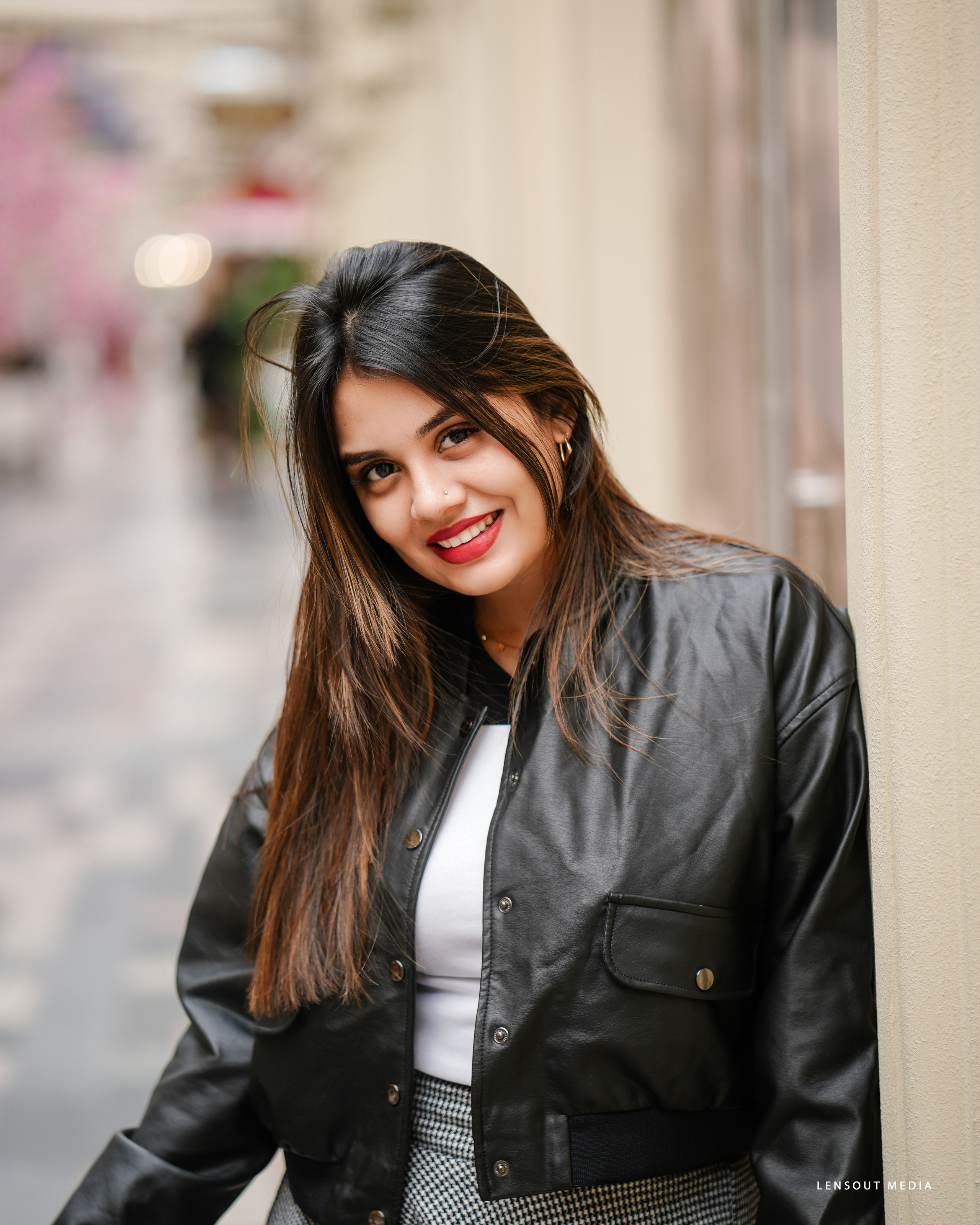 Influencer Jasmine Jafr posing during Russia outdoor photoshoot.