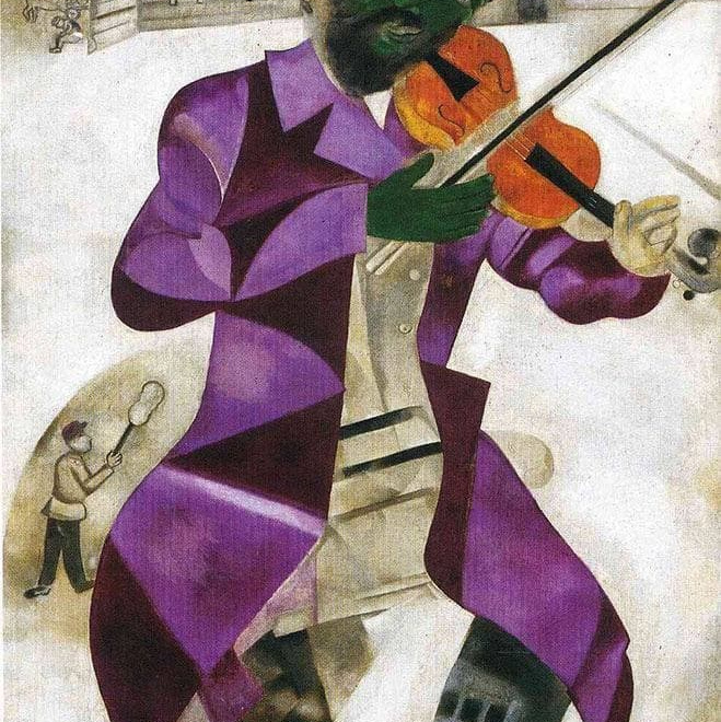Марк Шагал. Зелёный скрипач (1923-1924)Эта картина — одна из нескольких схожих: есть ещё «Синий скрипач» и просто «Скрипач». И все эти скрипачи играют на крышах.
