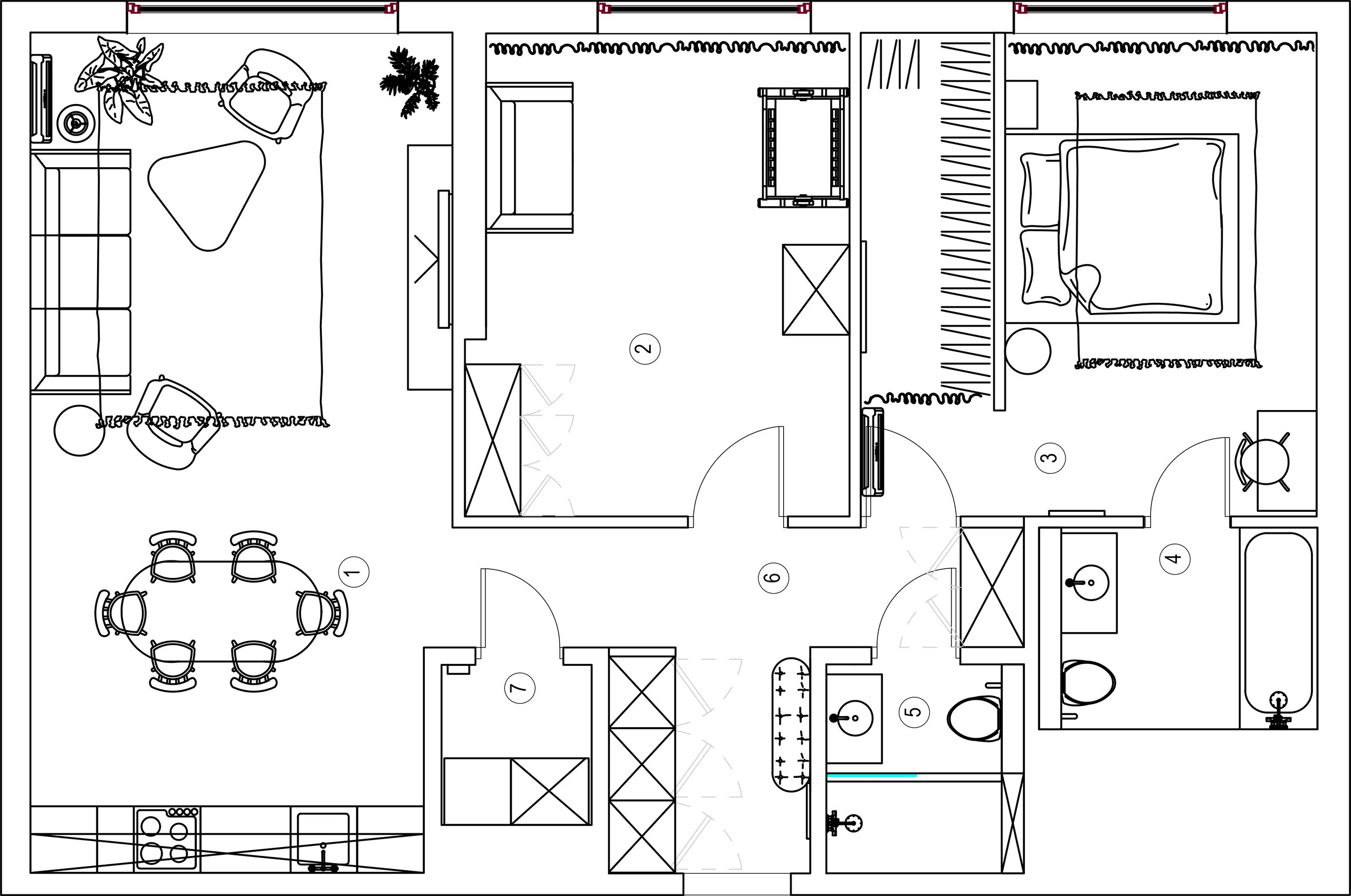 Чертежи дизайн-проекта квартиры молодой пары в ретро стилистике с винтажной мебелью