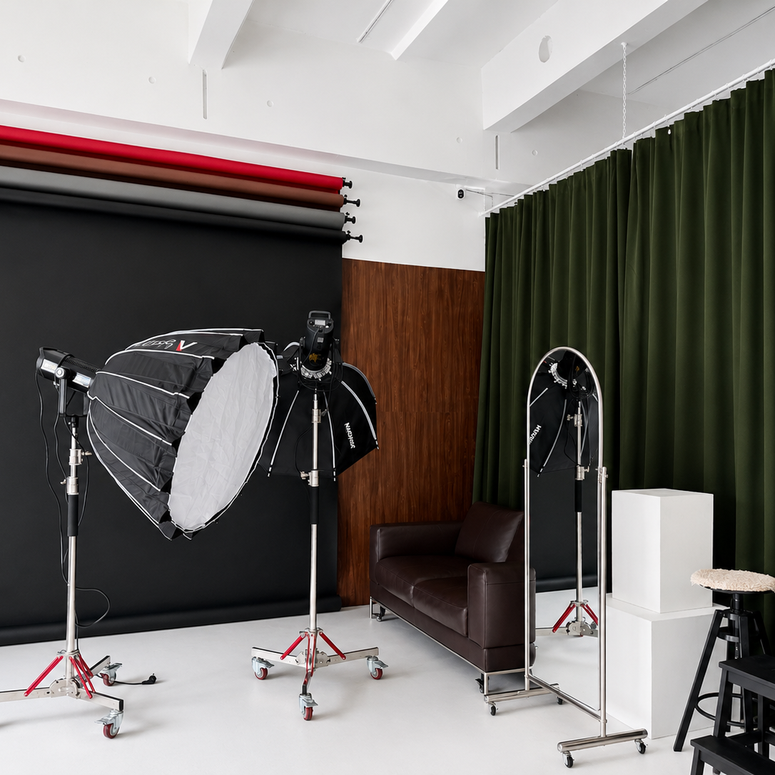 Professionelles Licht-Setup mit Oktaboxen und Designstühlen im Fotostudio Aesthetic Space München – vollständige Ausstattung inklusive
