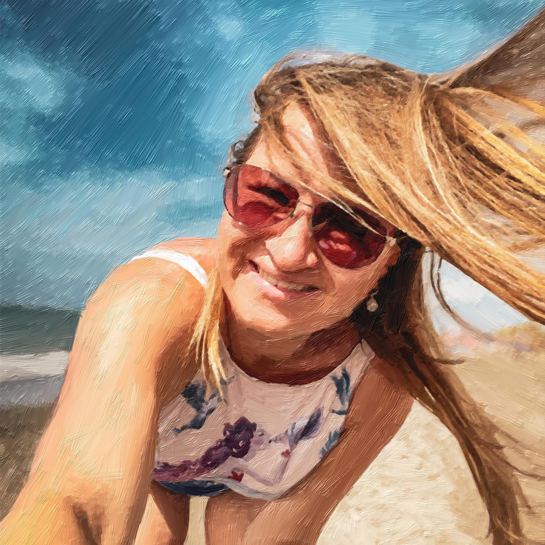 Smily girl in sunglasses at the seaside selfy.