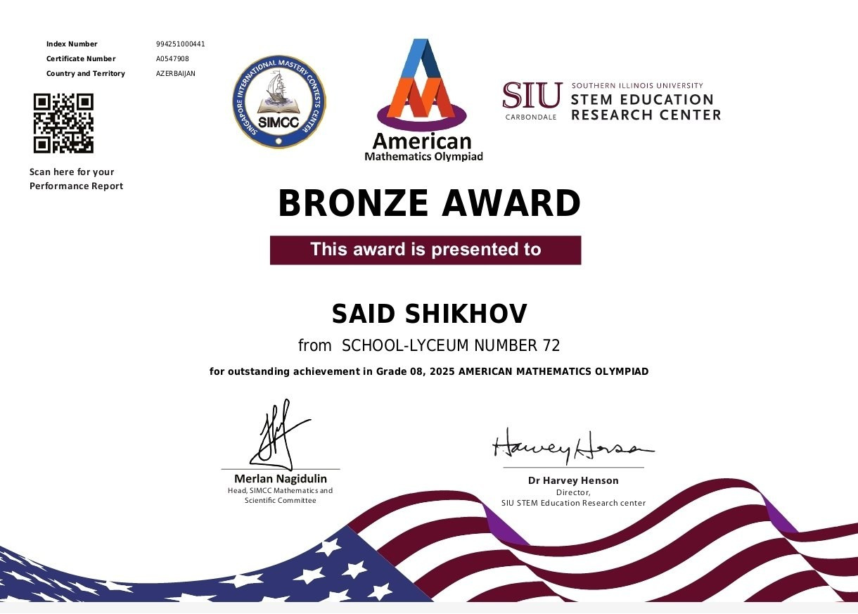 AMO Award Ceremony-Success of the Virtual American Spaces Math Club Founded by Juneyd Ganbarov. IIMACS — The International Institute of Mathematics, AI & Computer Science