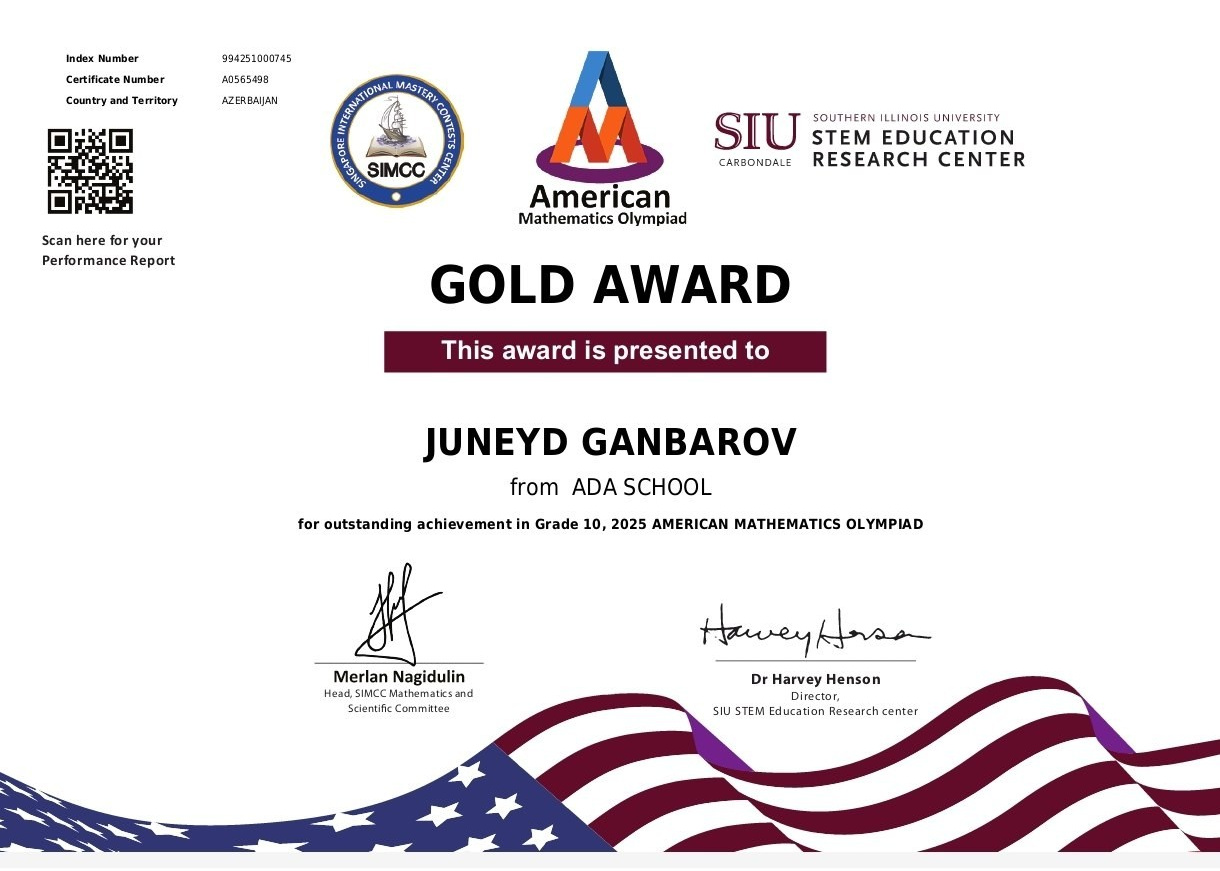 AMO Award Ceremony-Success of the Virtual American Spaces Math Club Founded by Juneyd Ganbarov. IIMACS — The International Institute of Mathematics, AI & Computer Science