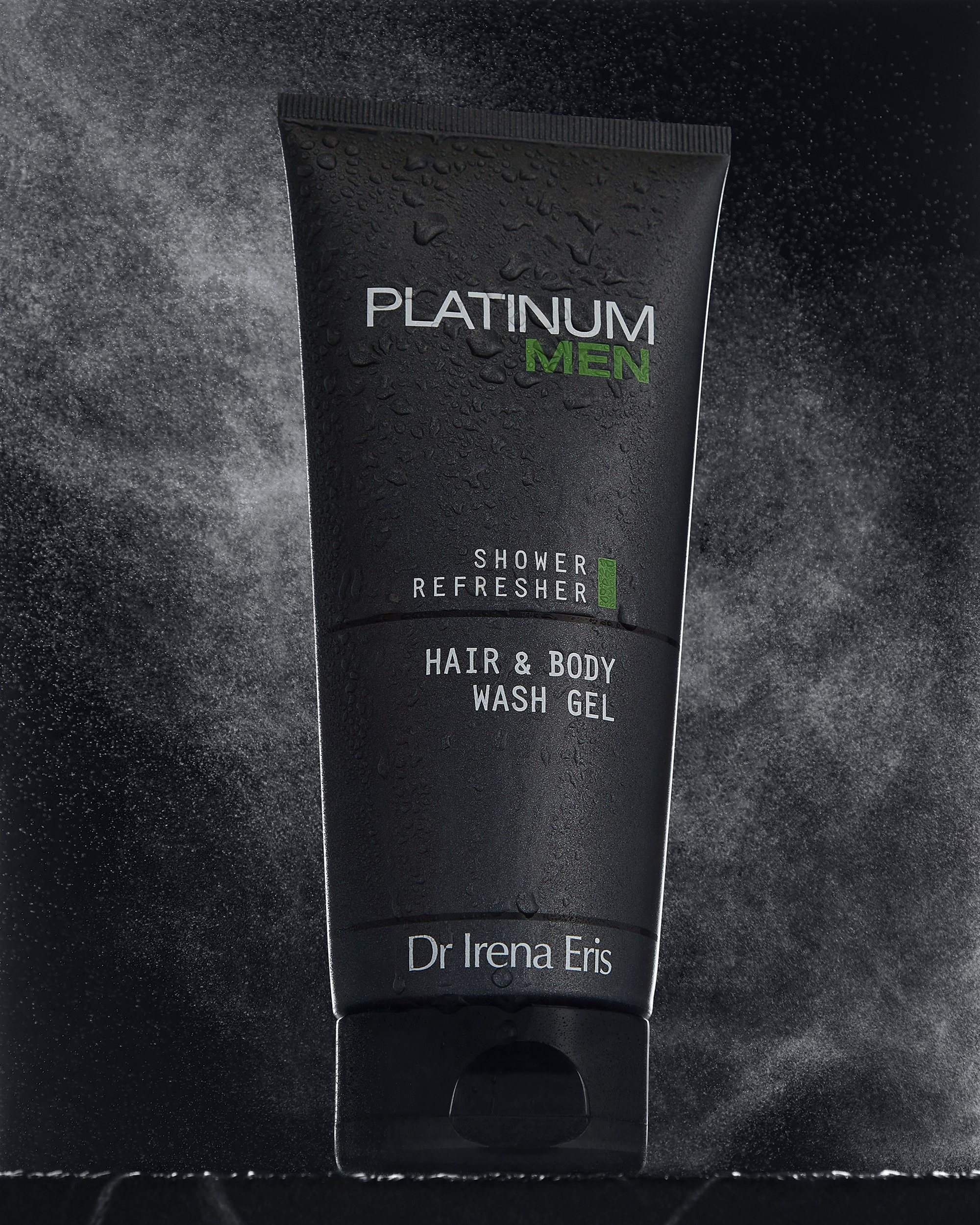 Photographer Roman Djuzev - Photo of a bottle of men's hair and body wash gel by Dr Irena Eris, on a dark background with water droplets on the bottle and water mist in the background.
