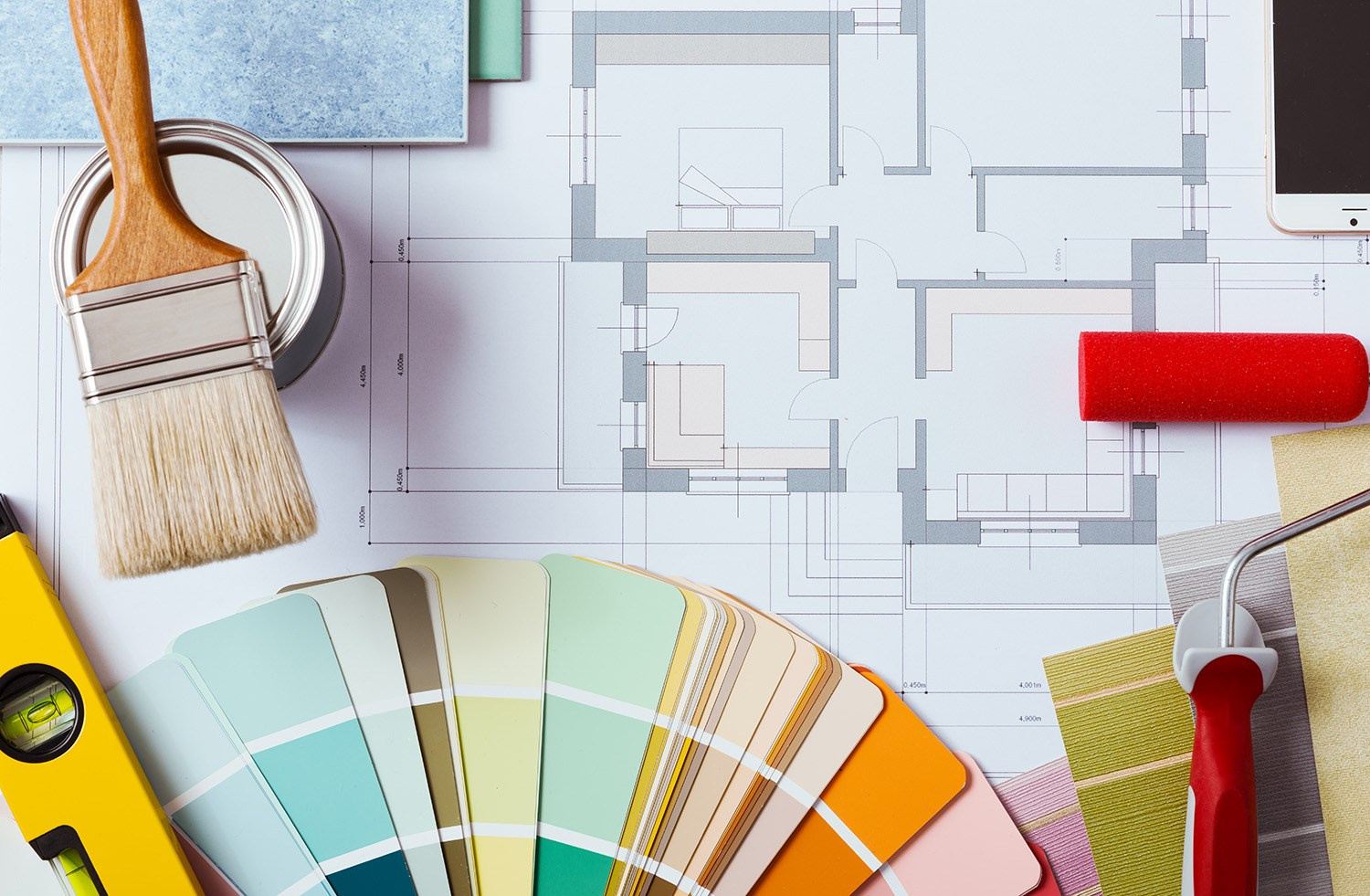 Selection of paint colors and materials for interior finishing during an Athens property renovation.