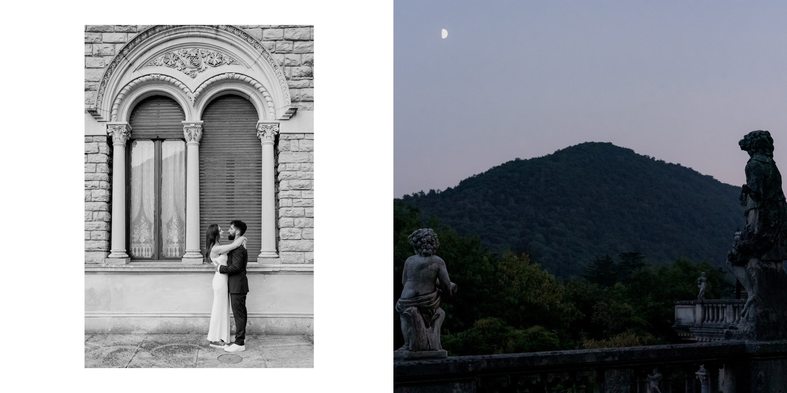 Collage eines schwarz-weißen Paares, das sich in einem italienischen Lokal in Como umarmt, und ein farbiger Sonnenuntergang mit einer Statue aus Canzo Italien