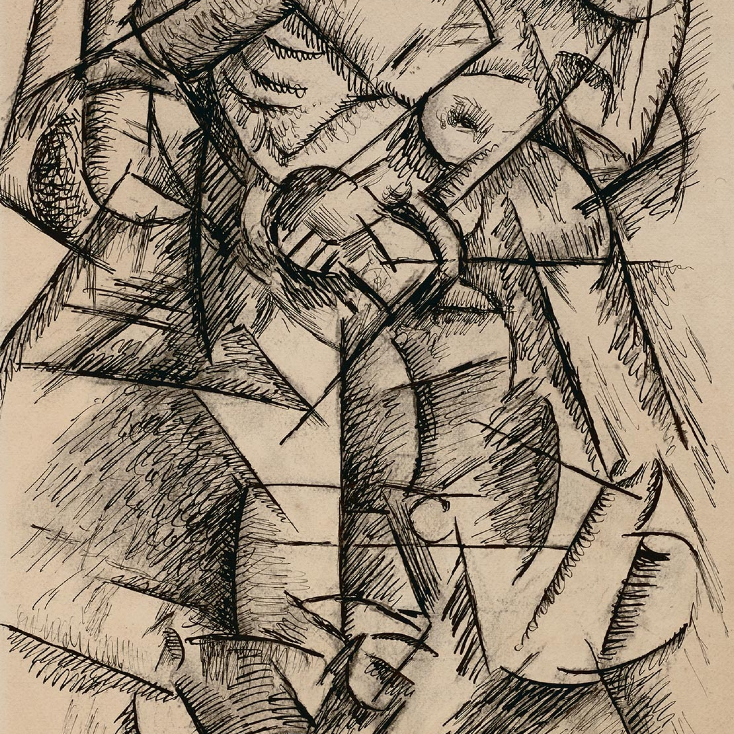 Карло Карра, футуристический рисунок фигуры, 1913 год — фрагментированное человеческое тело, динамичные линии, разложение формы и движения, итальянский футуризм начала XX века.