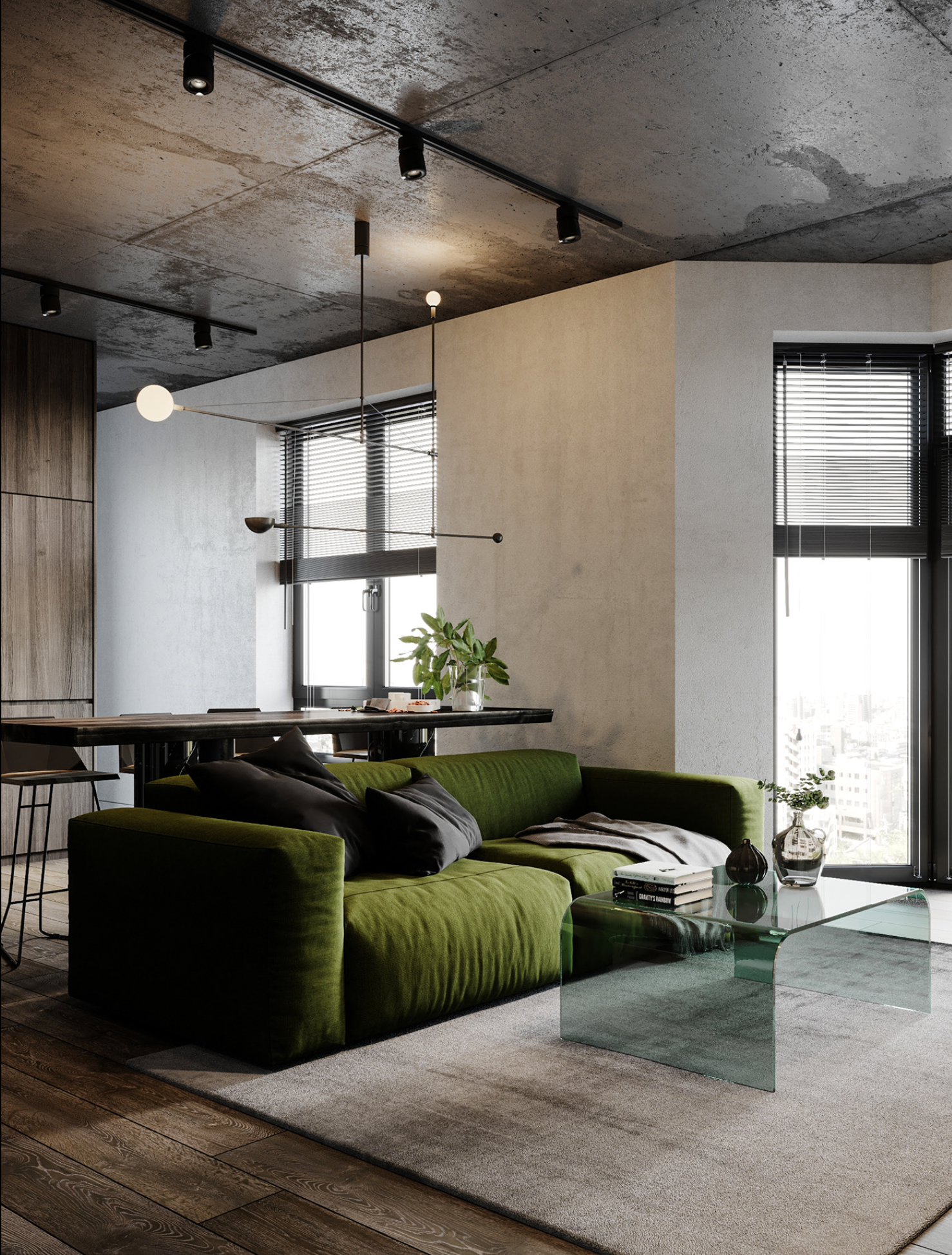 A modern living room featuring an olive green sofa with black throw pillows