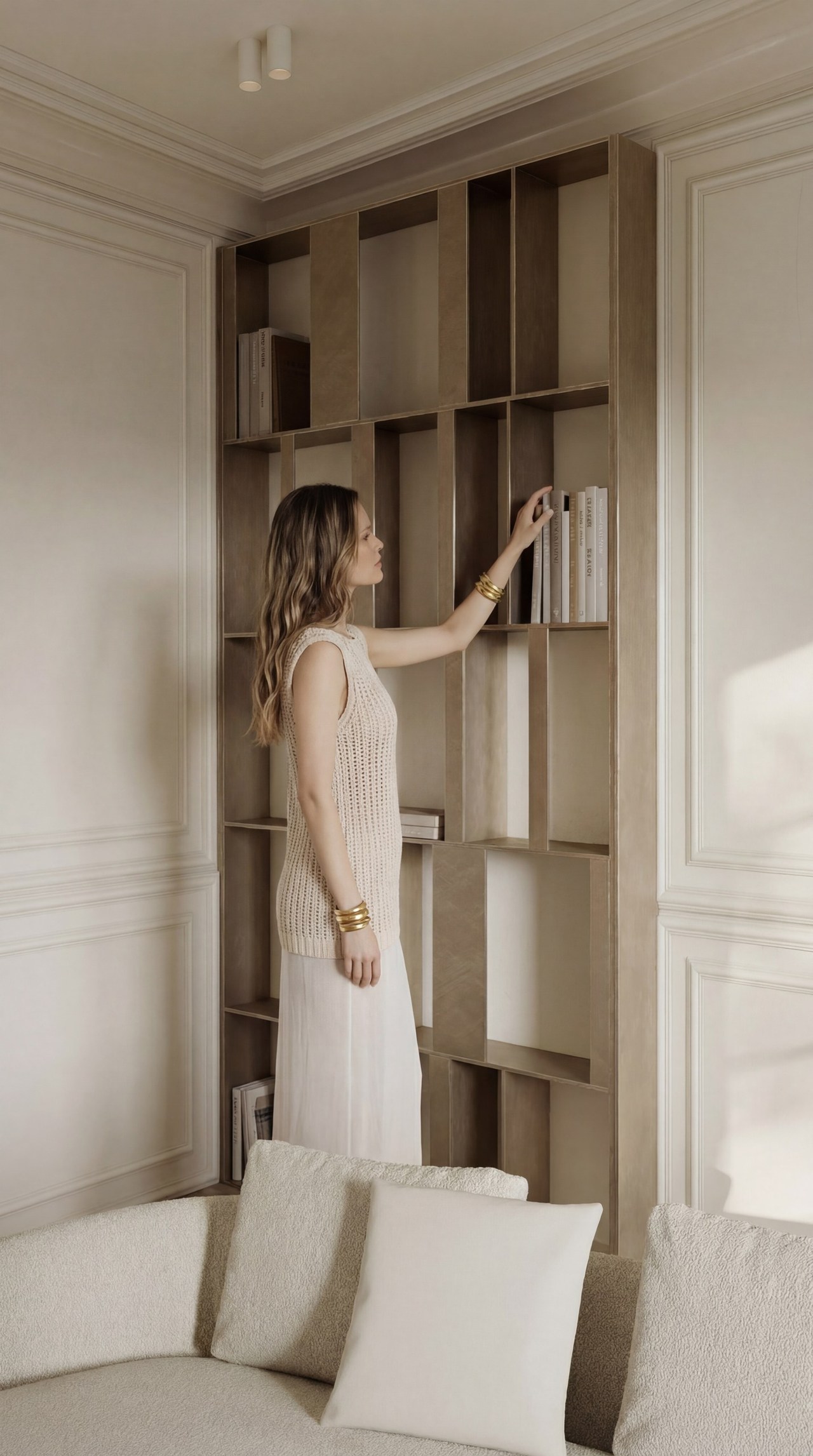 a_woman_standing_sideways_near_a_modern_wooden_bookshelf_in_a_minimalist_interior_she_is_reaching_t_2gc7wlvvf6yb3i4zezl2_0.jpg