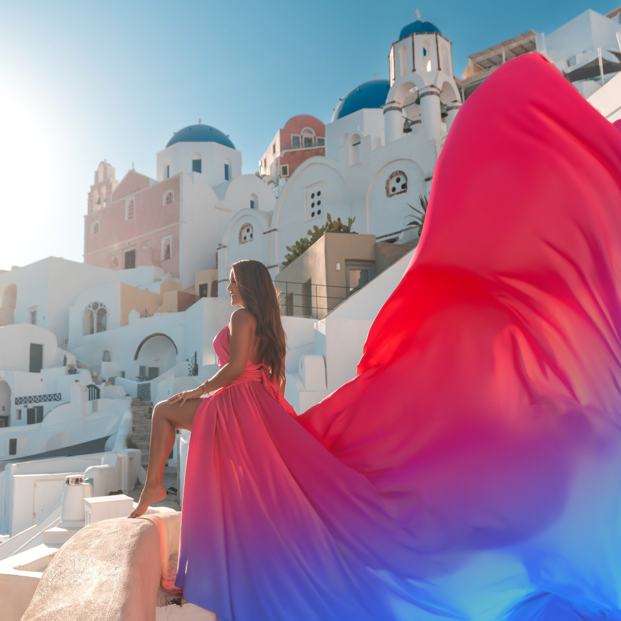 Santorini Flying Dress Photoshoot 2025 sunset time in&nbsp;Oia