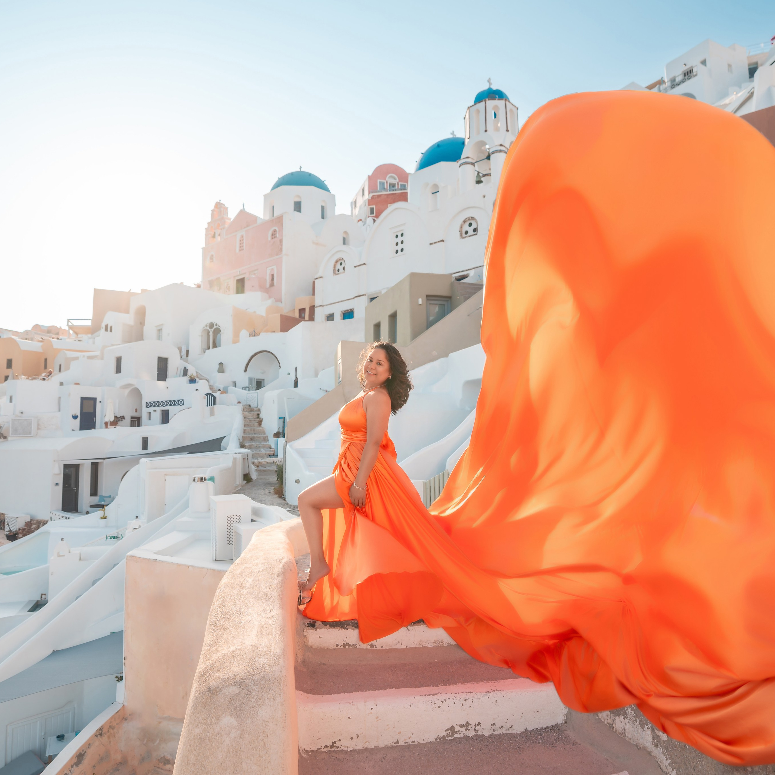Fuchsia Ruffles V-Shaped Back Dress (XS-L) — Rent for  Santorini Photoshoot Gown. Photographer in Santorini SokoLOVE Alex| Flying Dress Santorini