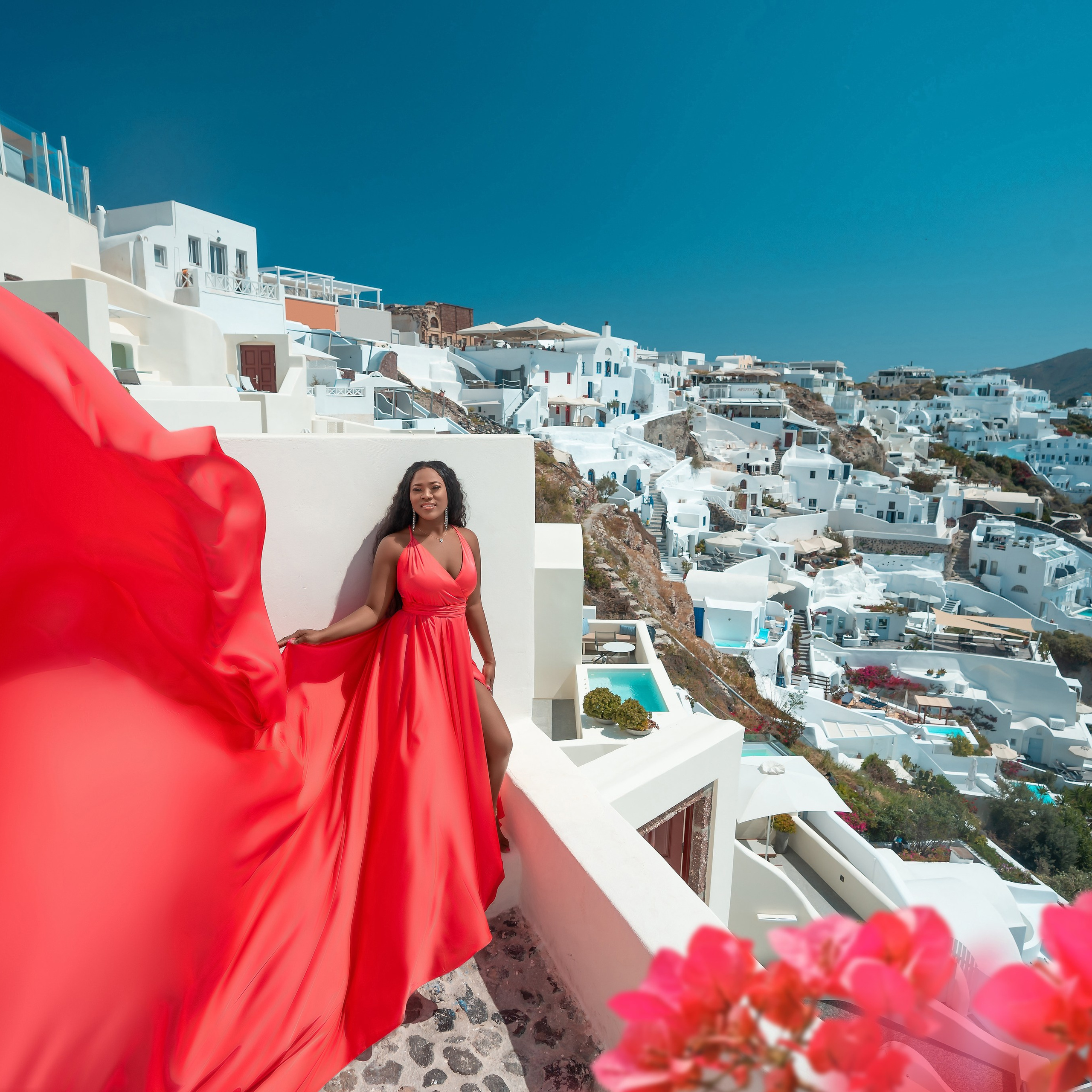 Fuchsia Ruffles V-Shaped Back Dress (XS-L) — Rent for  Santorini Photoshoot Gown. Photographer in Santorini SokoLOVE Alex| Flying Dress Santorini
