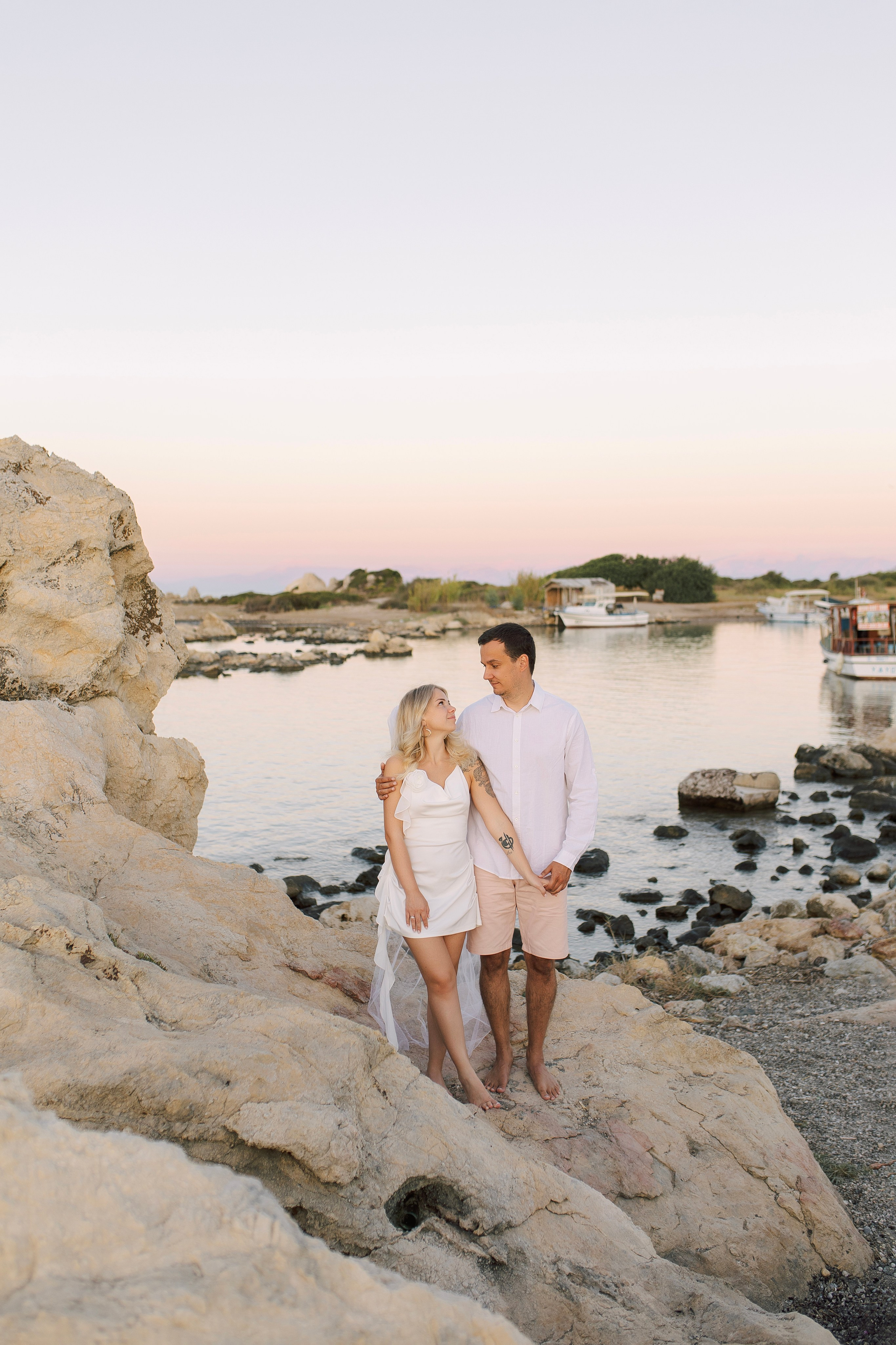Sunset. Love Story on the beach in Side at sunrise.