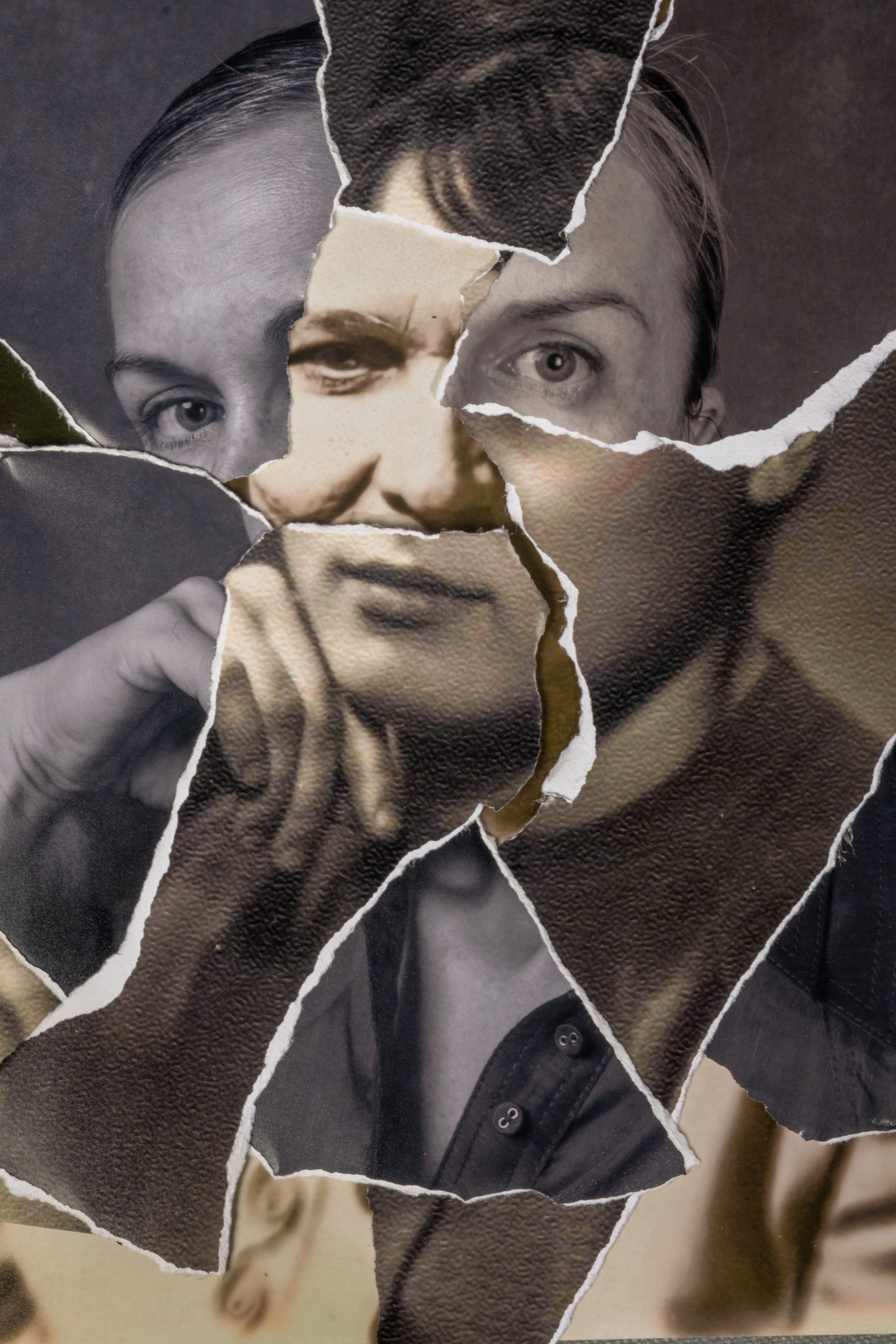 Fine art collage combining torn portraits of three generations of women into one face, symbolizing inherited identity, maternal lineage, and emotional continuity – by Maria Tulchinskaya.