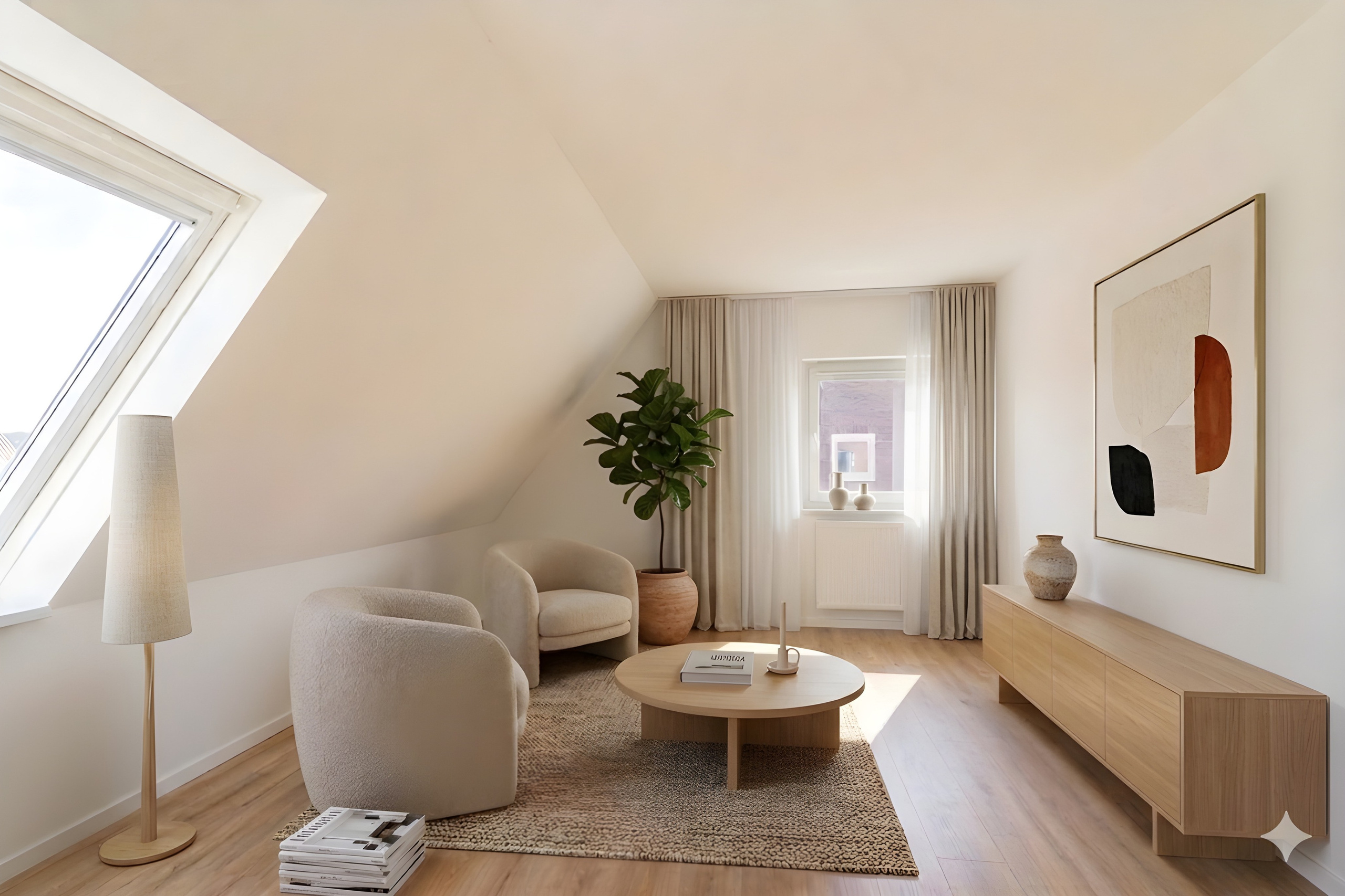 Virtuelles Home Staging mit KI: Einrichtungsbeispiel für ein Dachgeschosszimmer mit modernen Sesselmöbeln, Holz-Sideboard und Dachfenster. Fotoservice von jade-visual.