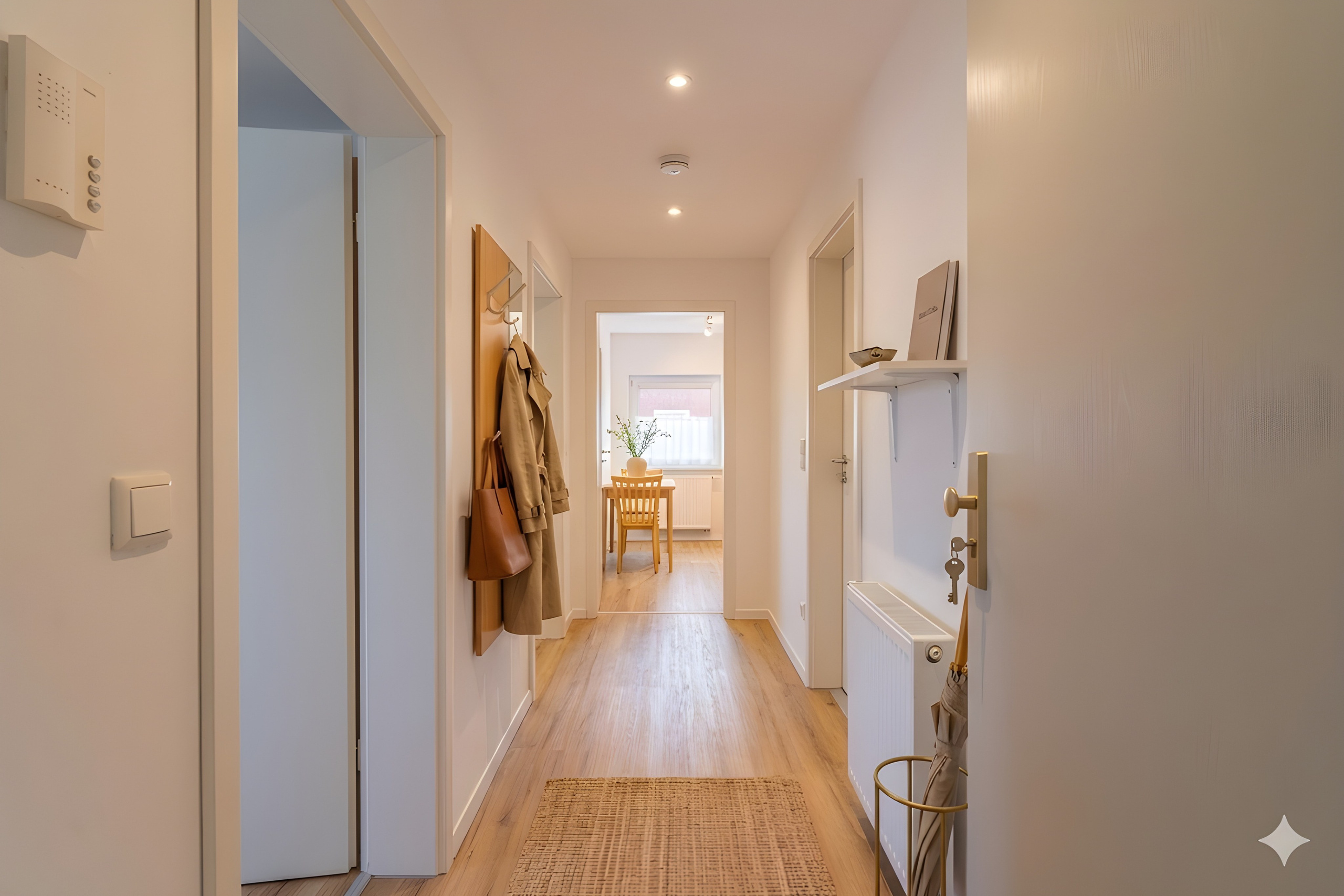 KI-gestalteter Flur: Virtuell möblierter Eingangsbereich mit Holzgarderobe, Jute-Läufer und modernem Beleuchtungskonzept. Fotoservice von jade-visual.