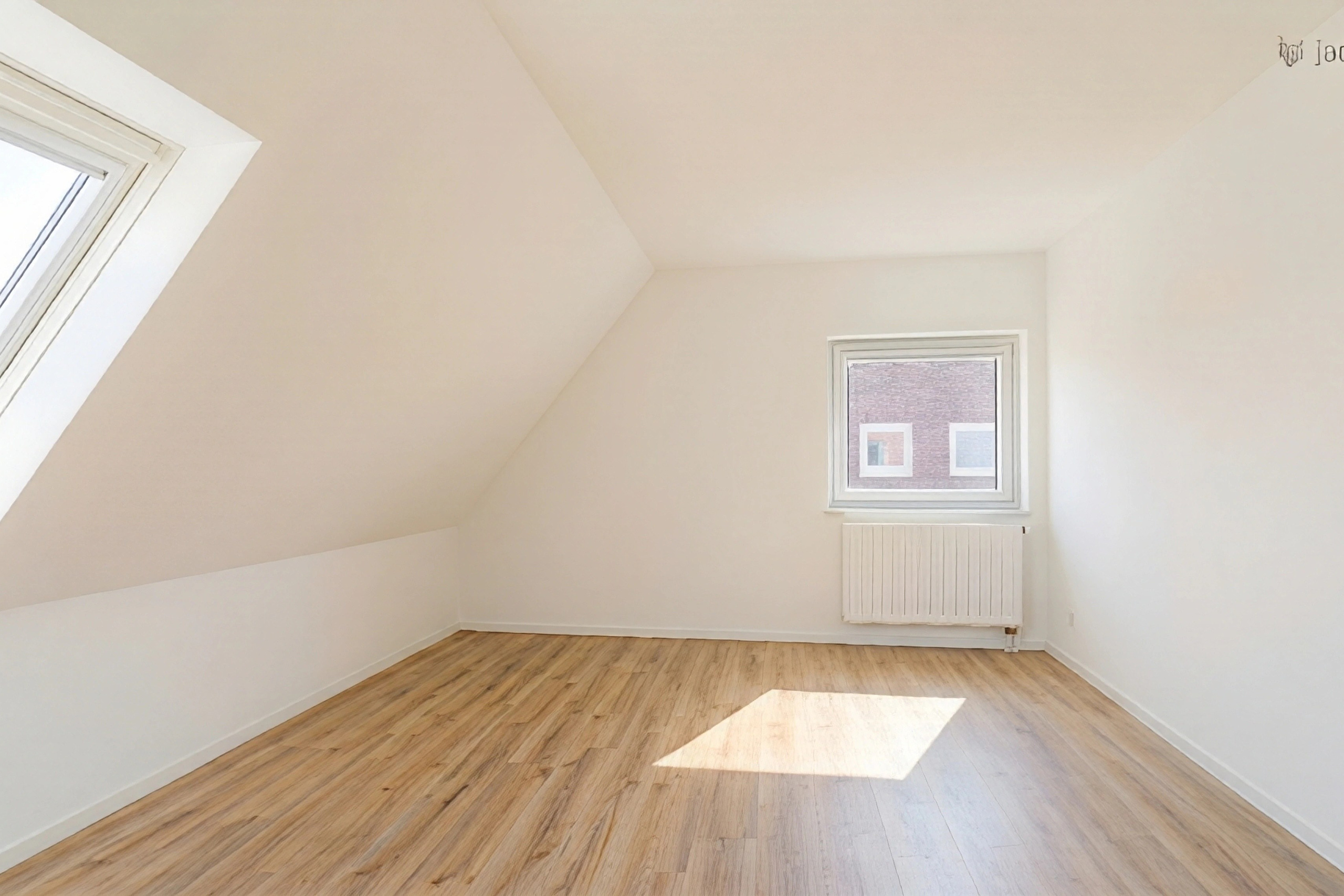 KI-leergeräumtes Dachgeschosszimmer aus der Perspektive: Helles Zimmer mit Dachfenster und Laminatboden. Immobilienfotografie von jade-visual.