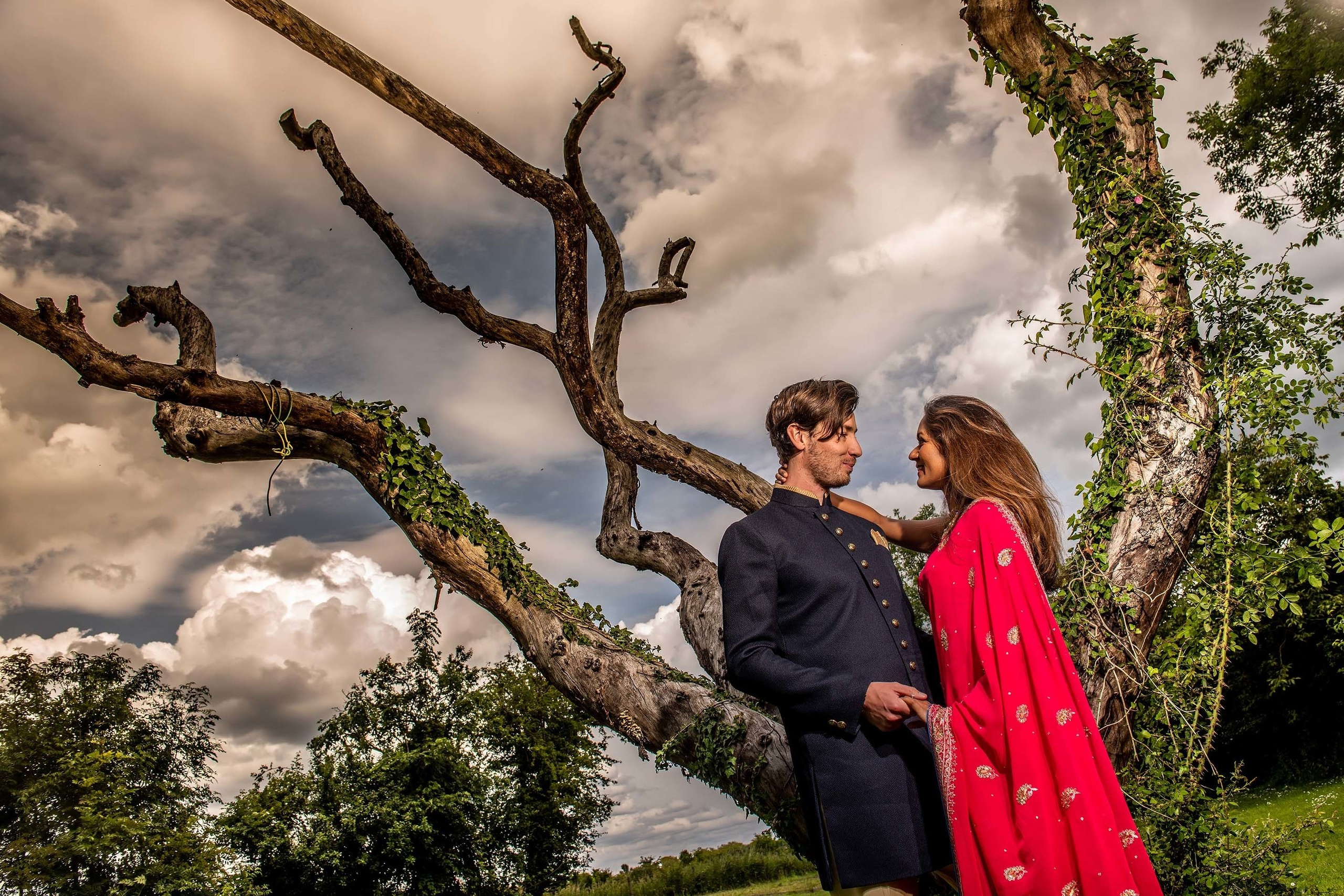 Romantic couple holding hands under a twisted ivy-covered tree during engagement session with dramatic clouds