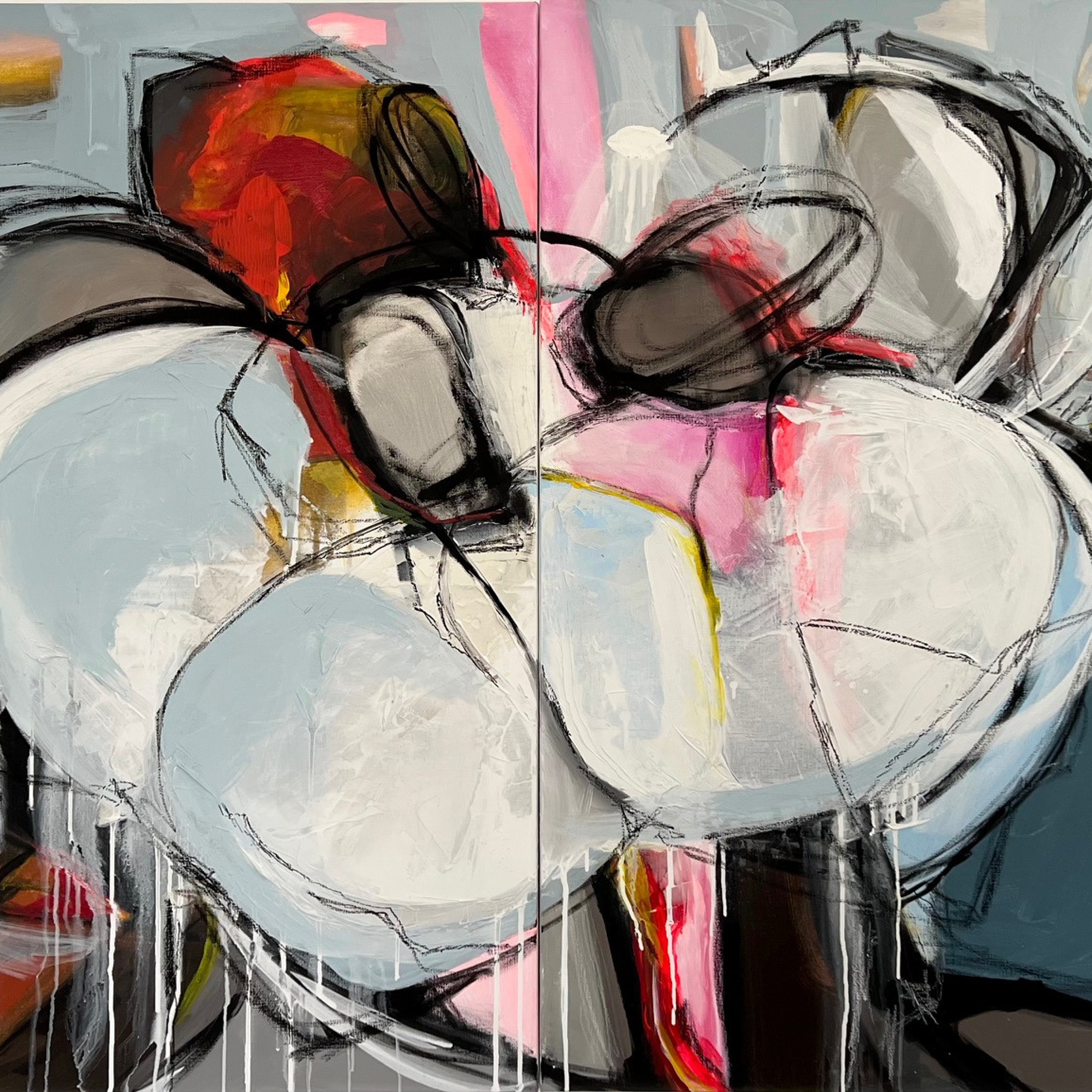 Абстрактная живопись с насыщенной палитрой и изображением фигур в танце