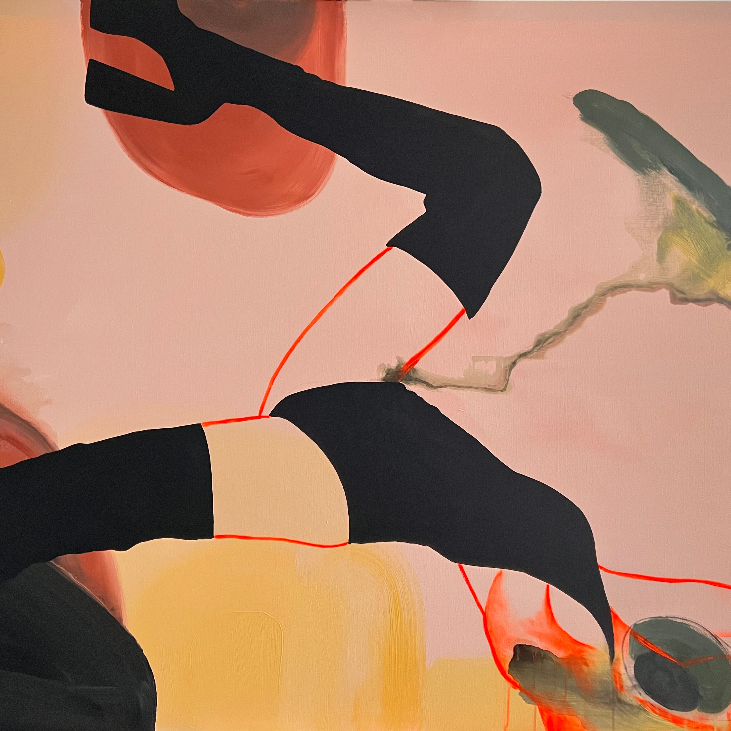 Падающая фигура в чёрных сапогах на розовом фоне