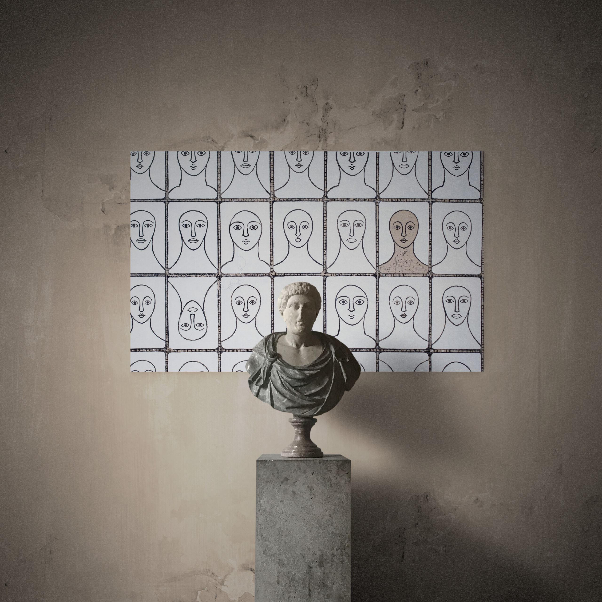 “Visages” Mixed media. Print on canvas, embroidery on canvas, oil on canvas 90×144 cm