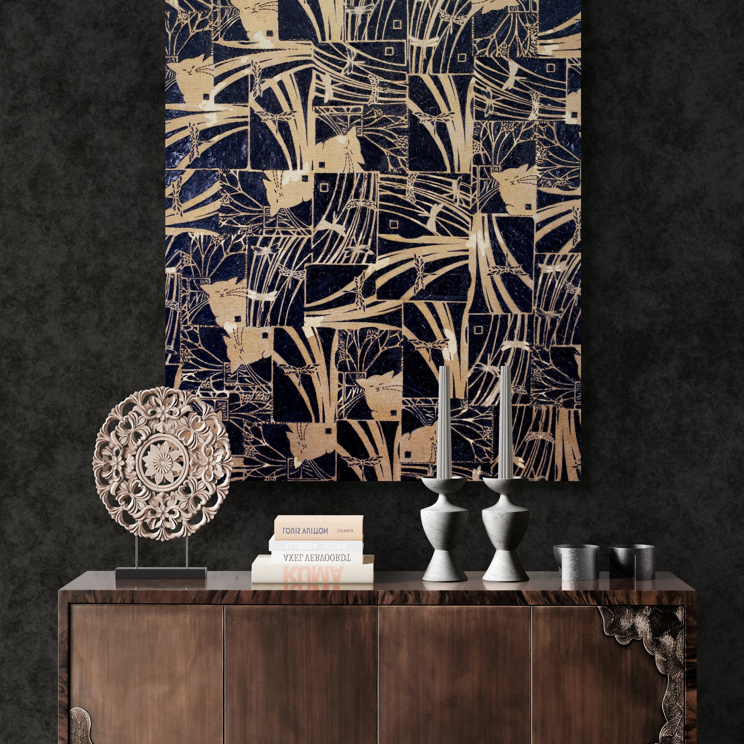 “Cats and Dragonflies” Gold/Black. Mixed media. Print on canvas, embroidery on canvas, oil on canvas 90×136 cm